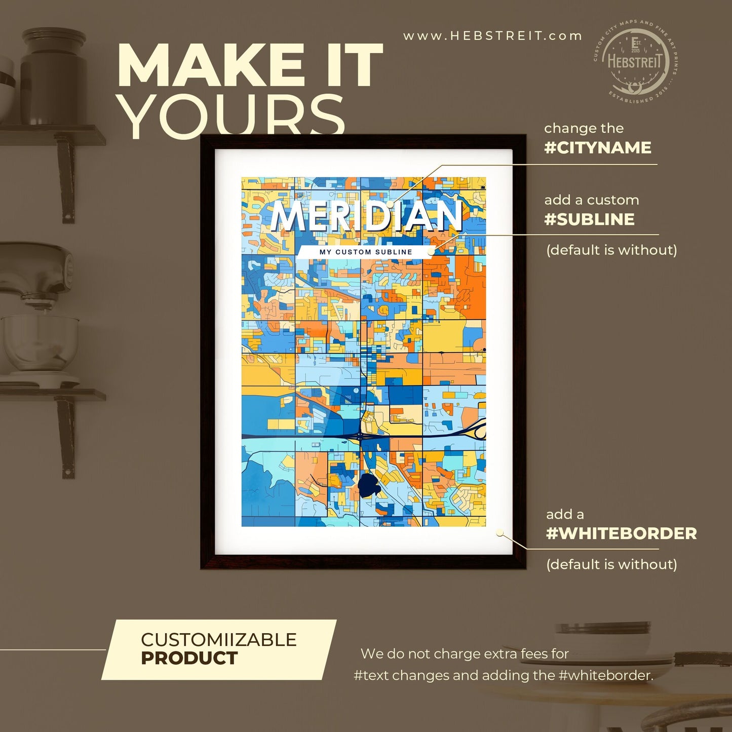 MERIDIAN IDAHO Vibrant Colorful Art Map Poster Blue Orange