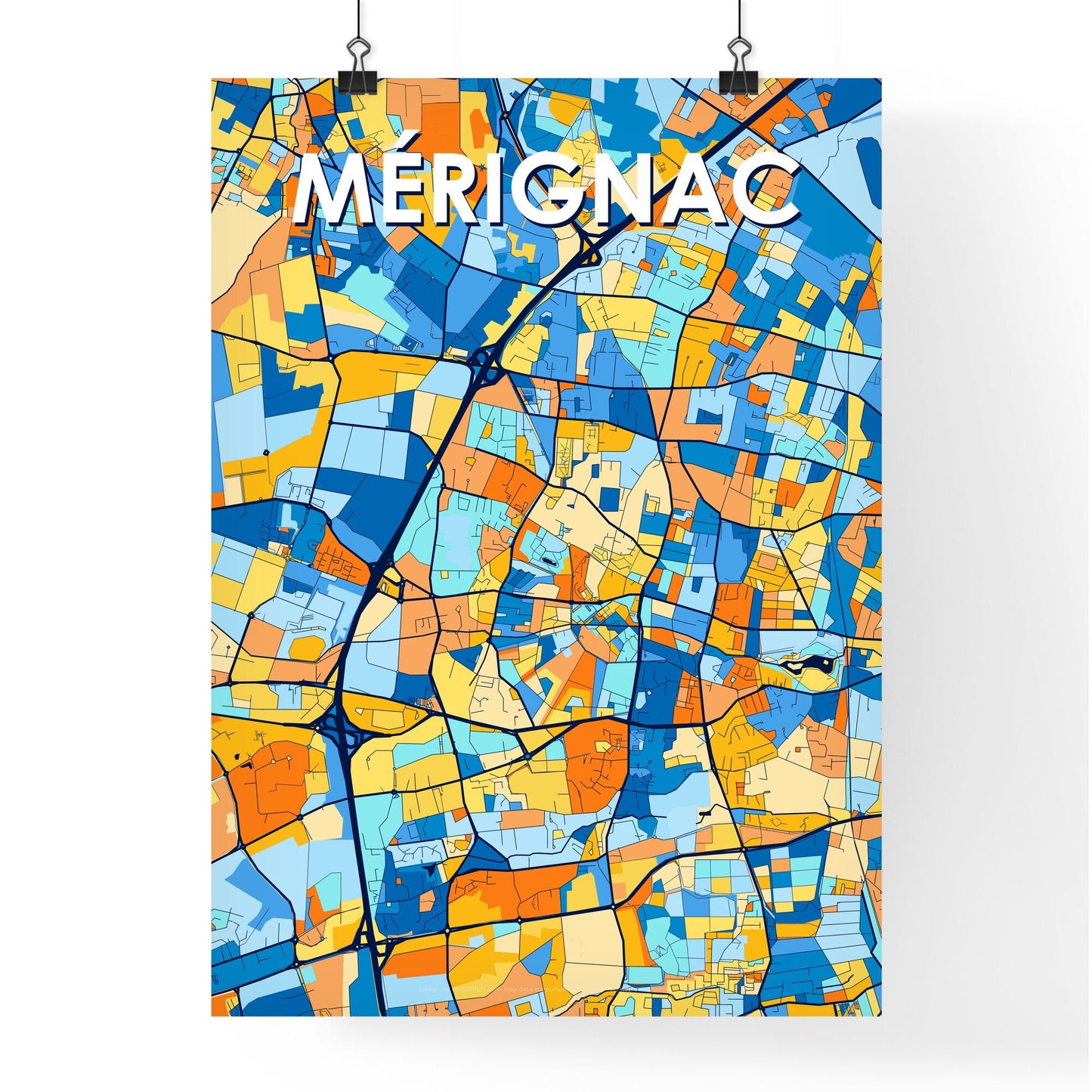 MÉRIGNAC FRANCE Vibrant Colorful Art Map Poster Blue Orange