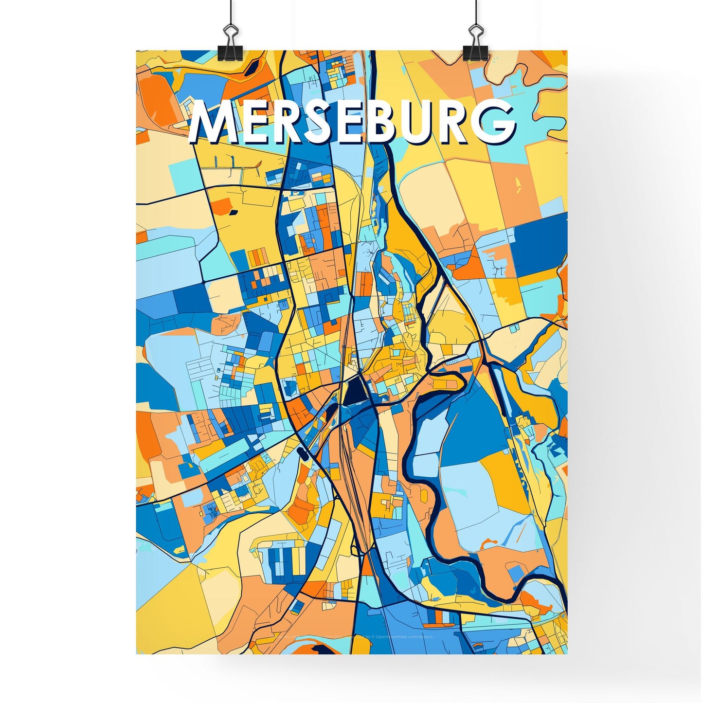 MERSEBURG GERMANY Vibrant Colorful Art Map Poster Blue Orange