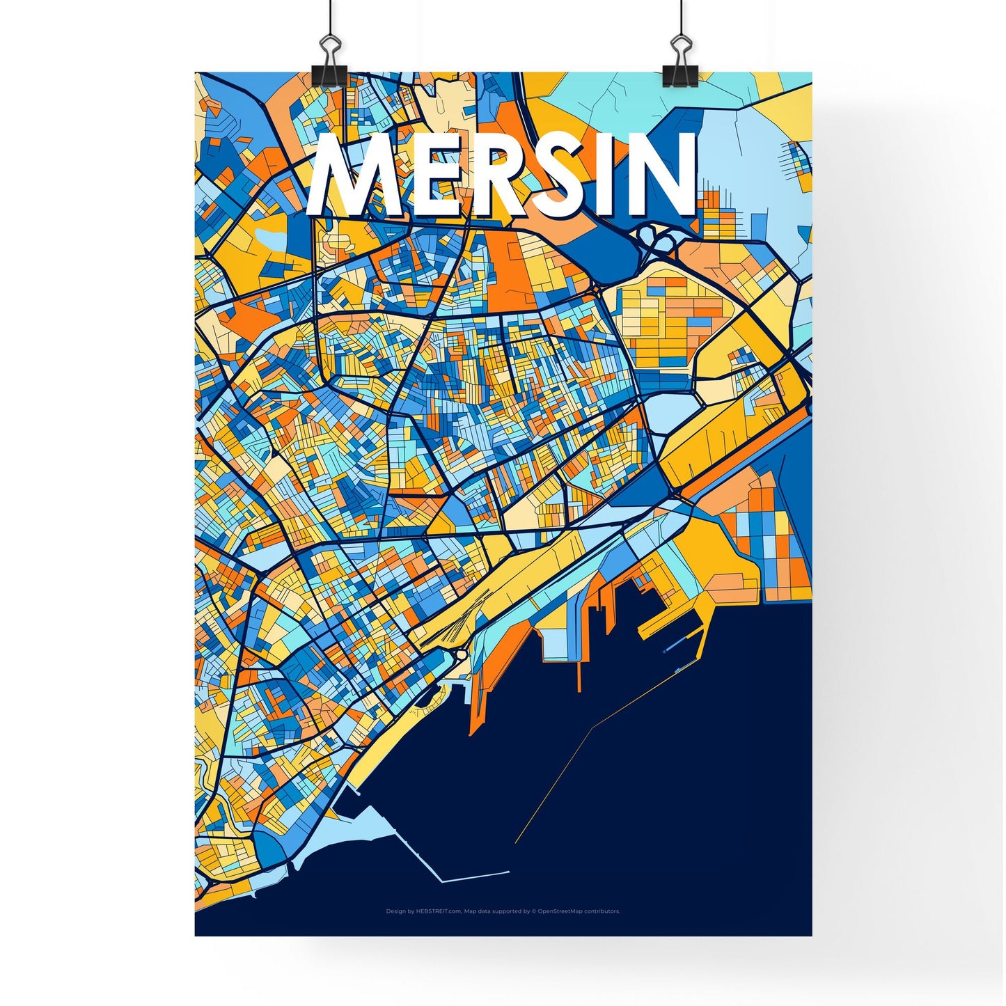 MERSIN TURKEY Vibrant Colorful Art Map Poster Blue Orange