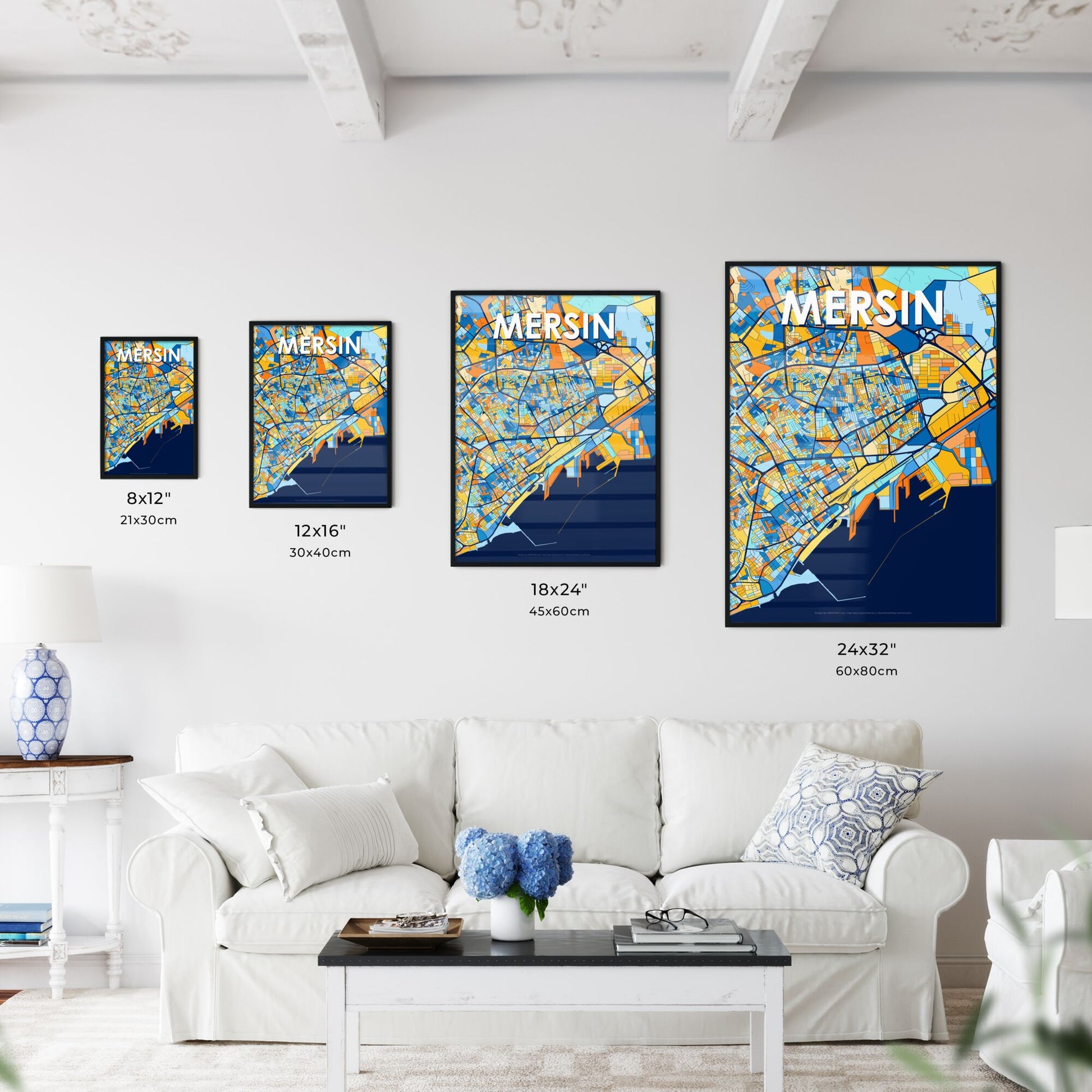 MERSIN TURKEY Vibrant Colorful Art Map Poster Blue Orange