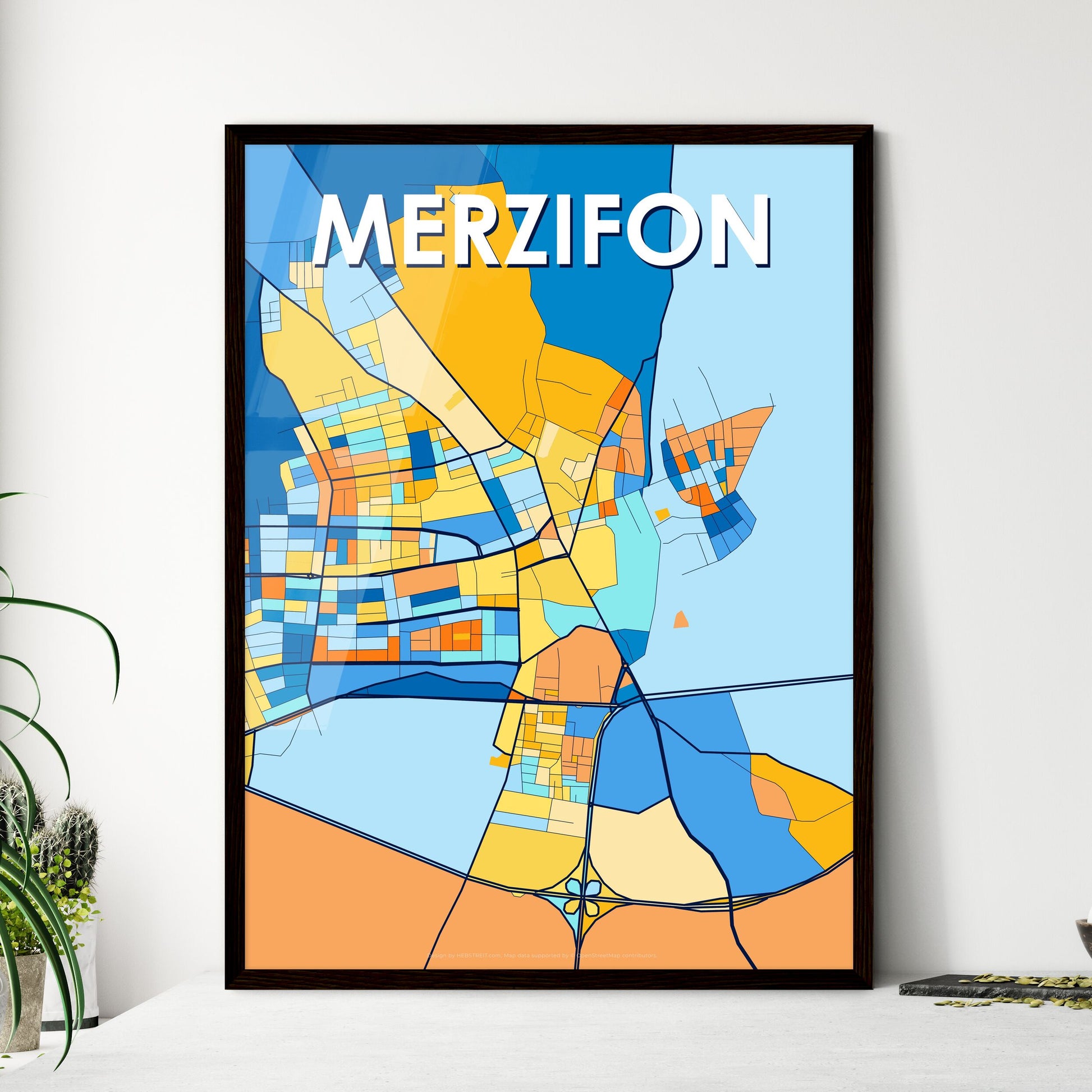 MERZIFON TURKEY Vibrant Colorful Art Map Poster Blue Orange