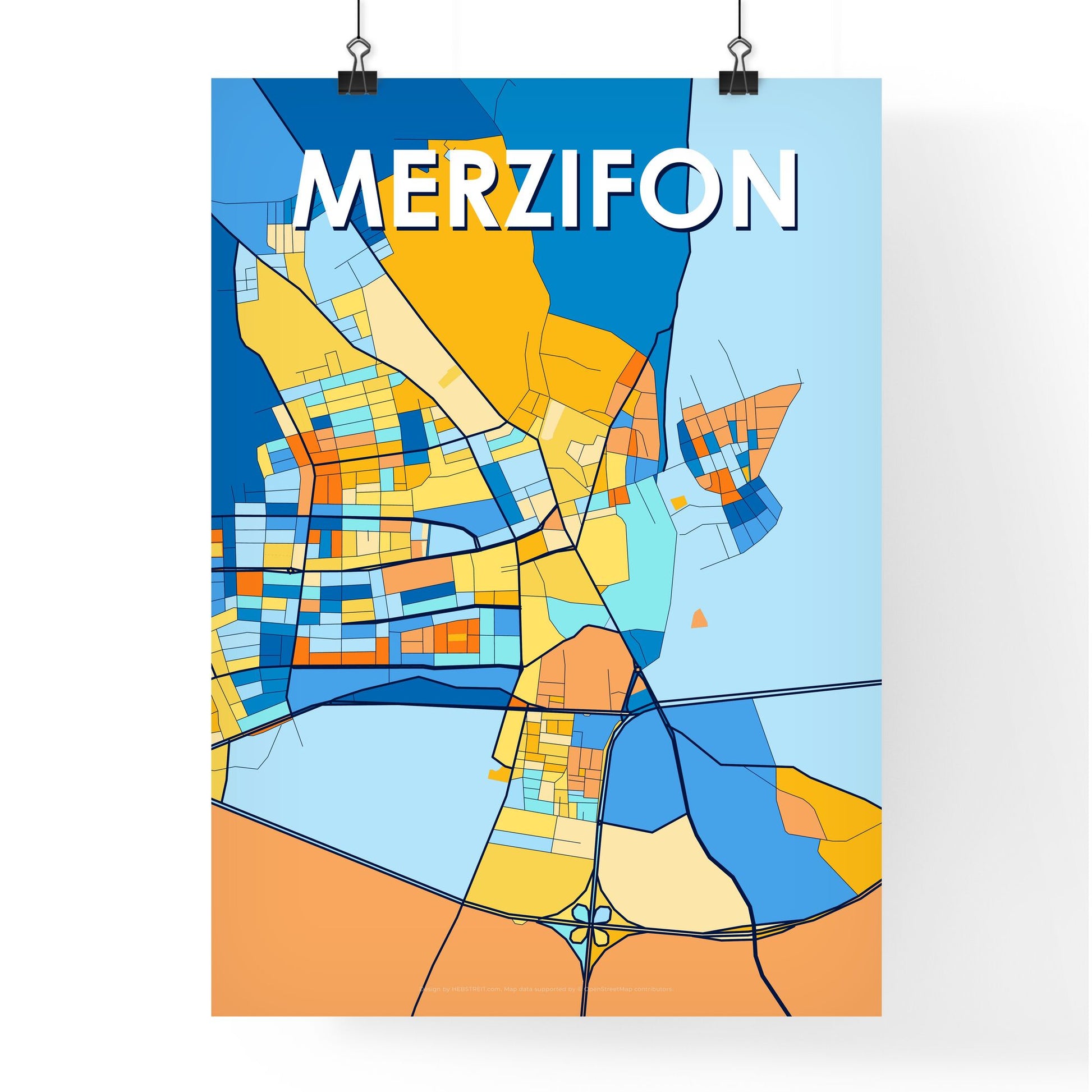 MERZIFON TURKEY Vibrant Colorful Art Map Poster Blue Orange