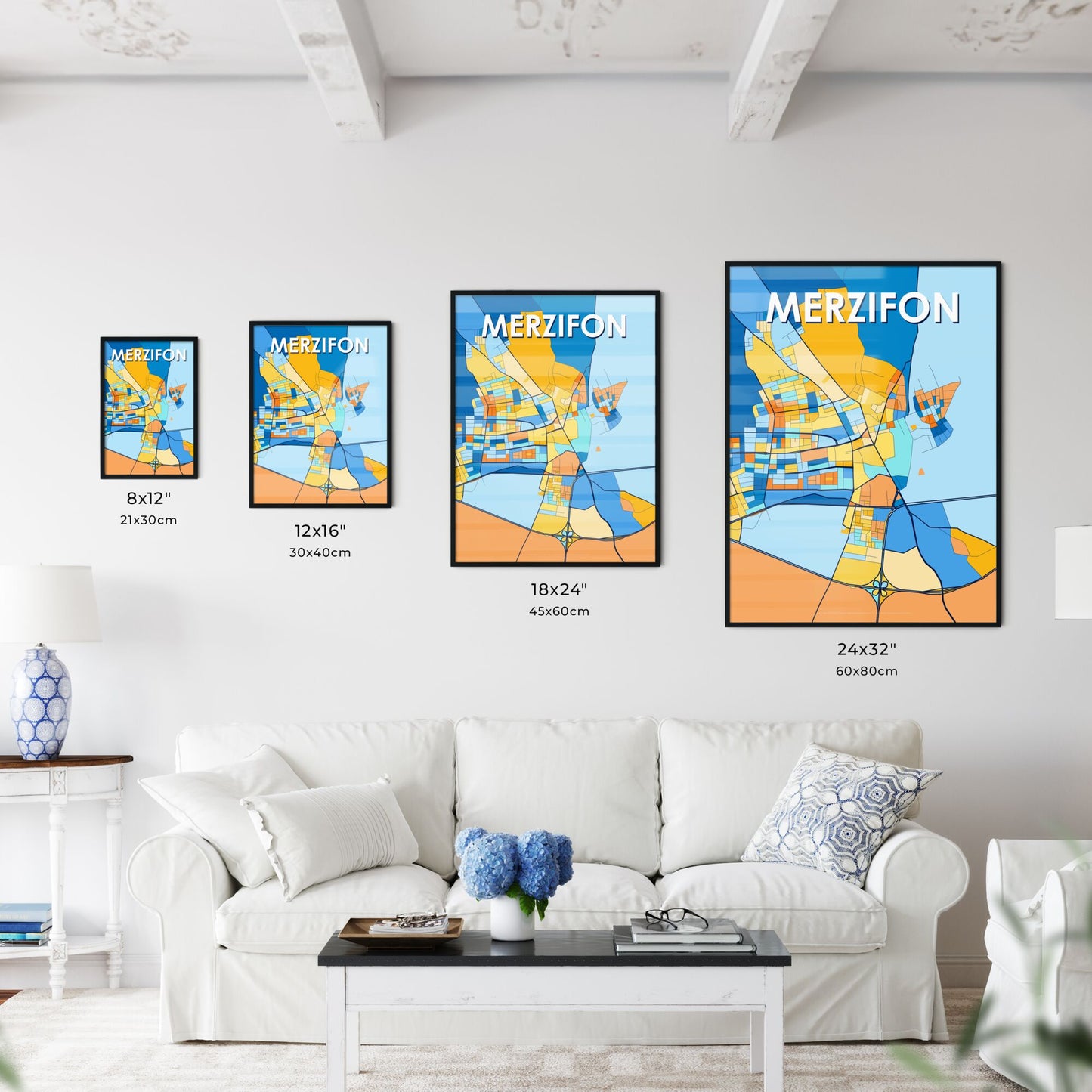 MERZIFON TURKEY Vibrant Colorful Art Map Poster Blue Orange