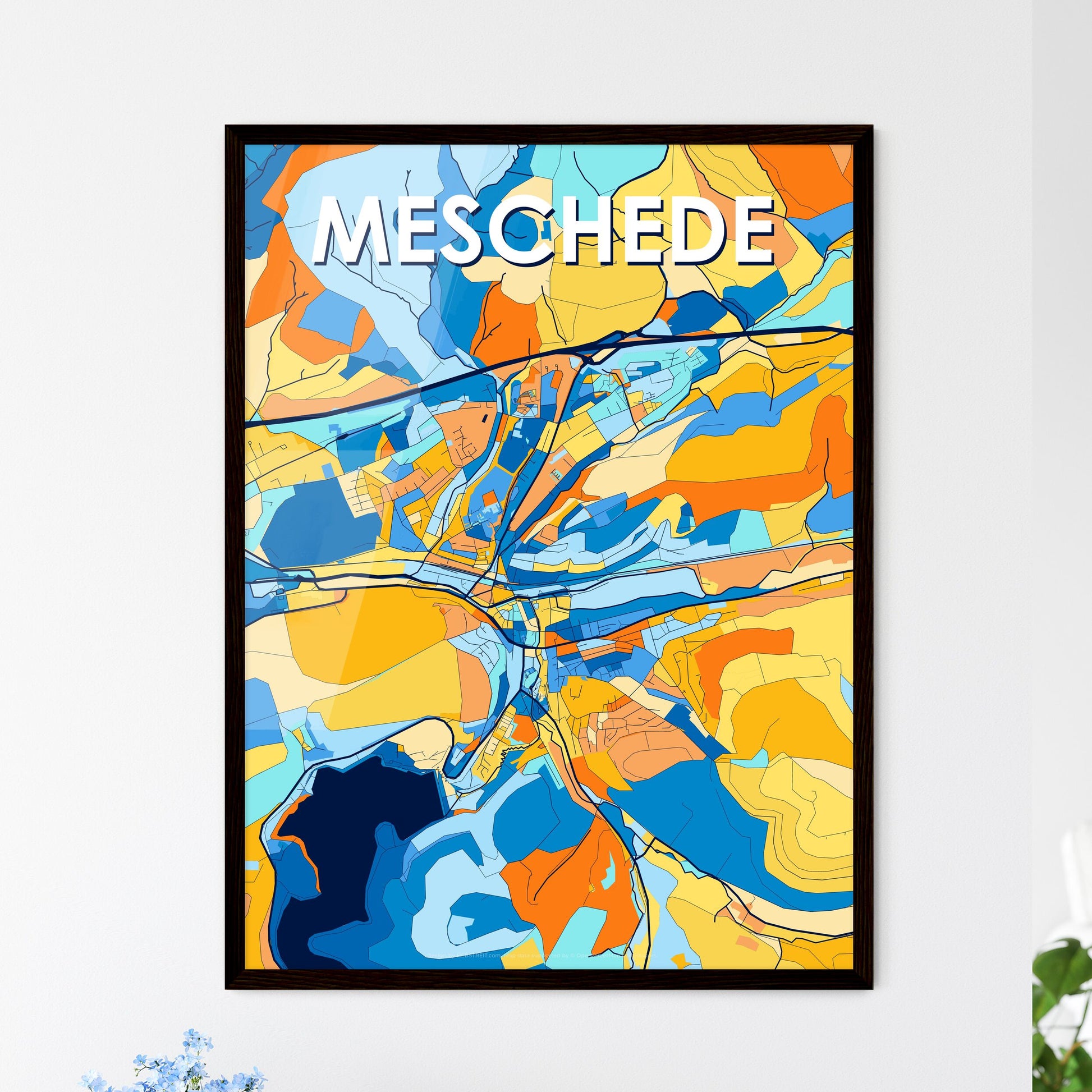 MESCHEDE GERMANY Vibrant Colorful Art Map Poster Blue Orange