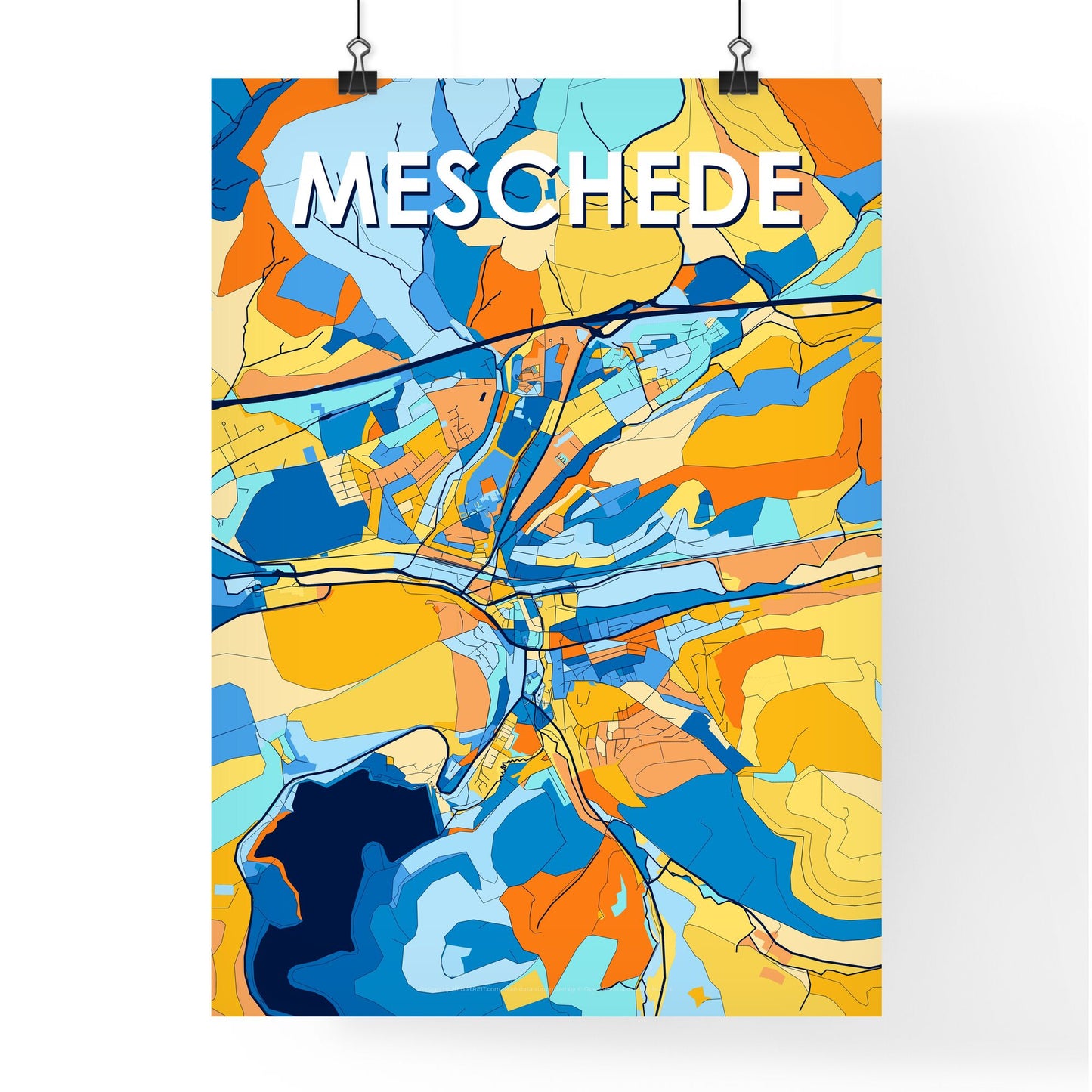 MESCHEDE GERMANY Vibrant Colorful Art Map Poster Blue Orange