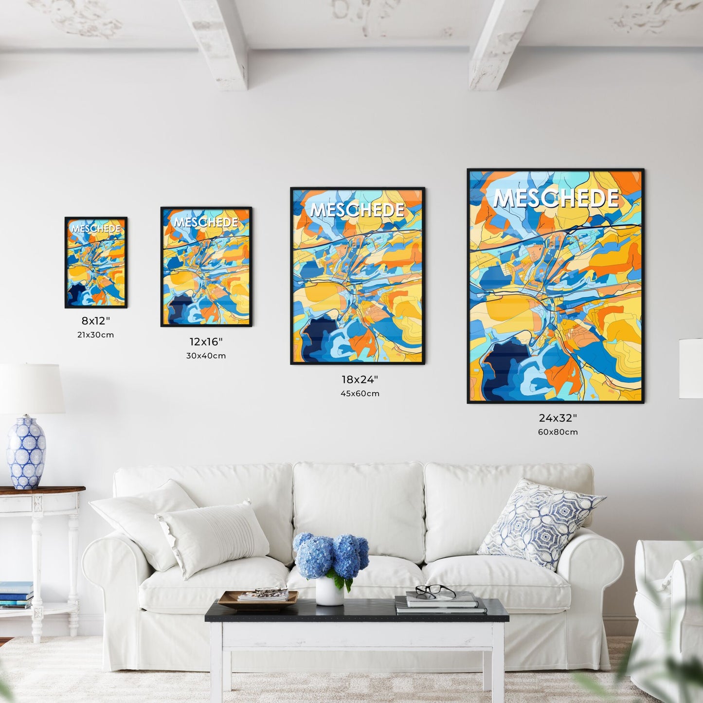 MESCHEDE GERMANY Vibrant Colorful Art Map Poster Blue Orange