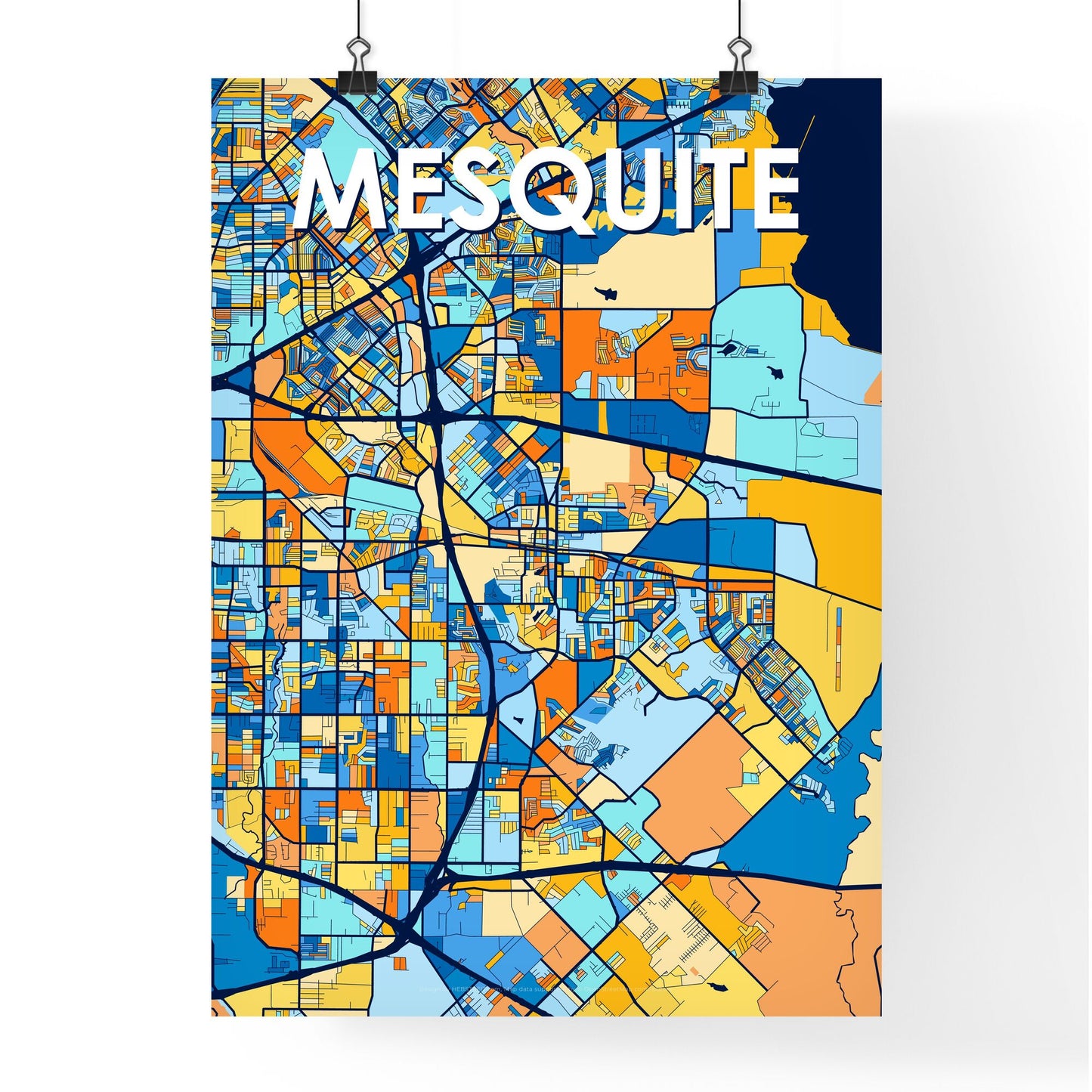 MESQUITE TEXAS Vibrant Colorful Art Map Poster Blue Orange