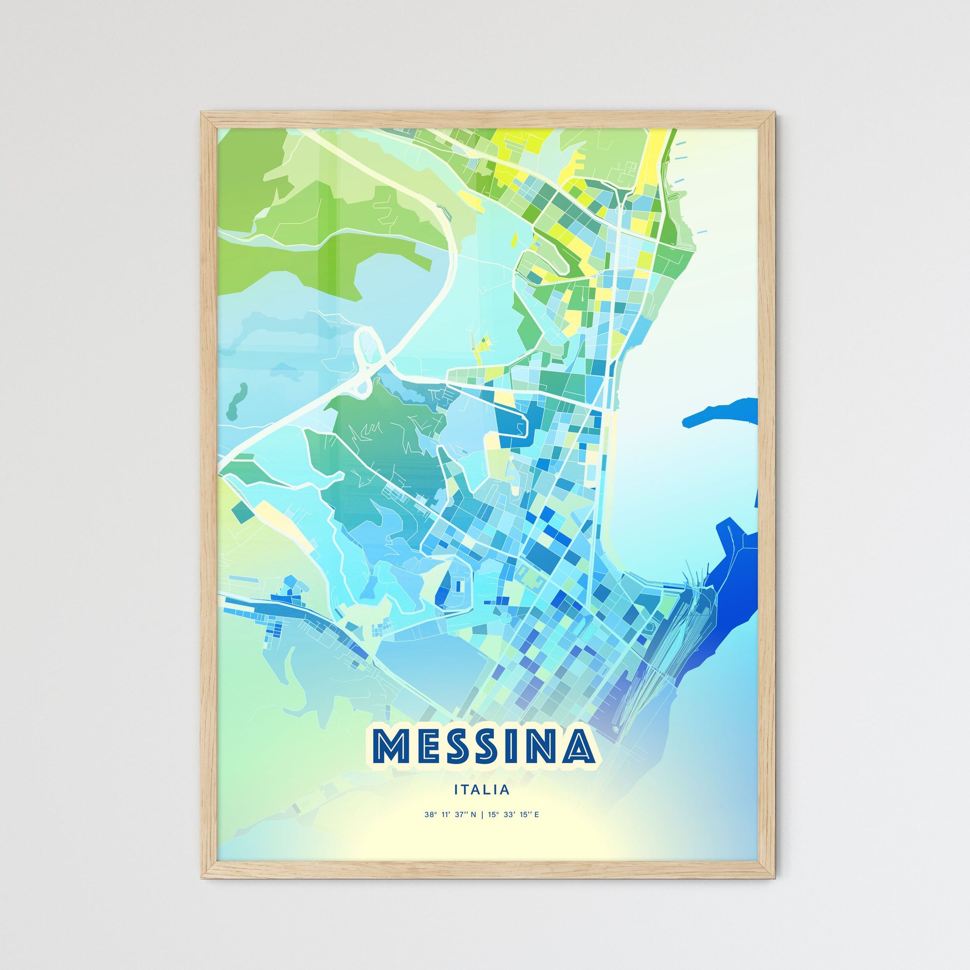 Colorful Messina Italy Fine Art Map Cool Blue