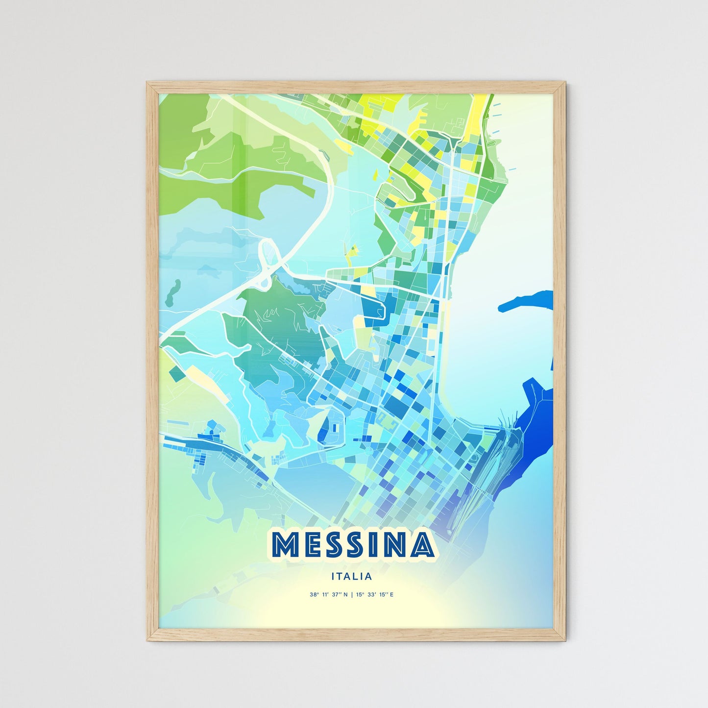 Colorful Messina Italy Fine Art Map Cool Blue