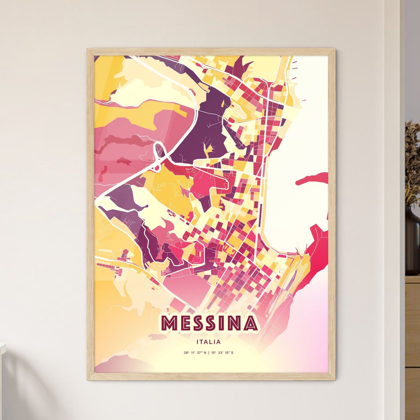 Colorful Messina Italy Fine Art Map Hot Red