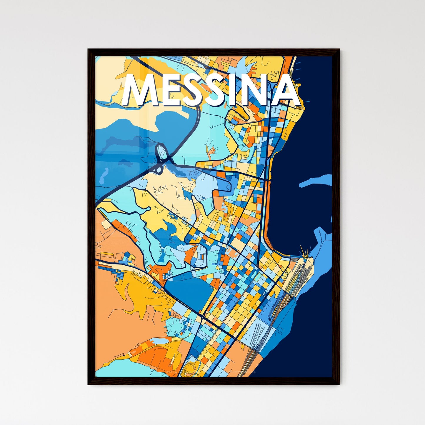 MESSINA ITALY Vibrant Colorful Art Map Poster Blue Orange