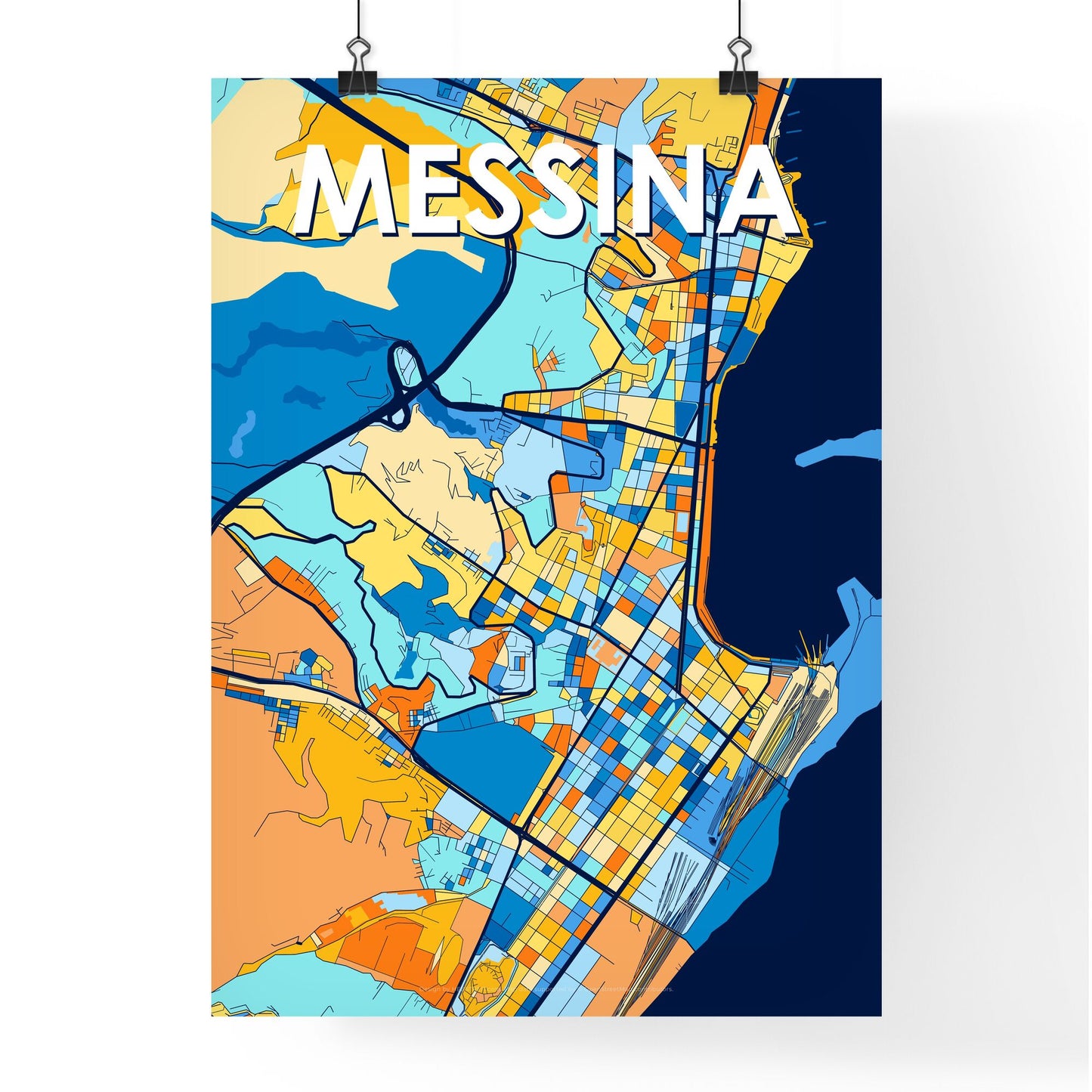 MESSINA ITALY Vibrant Colorful Art Map Poster Blue Orange