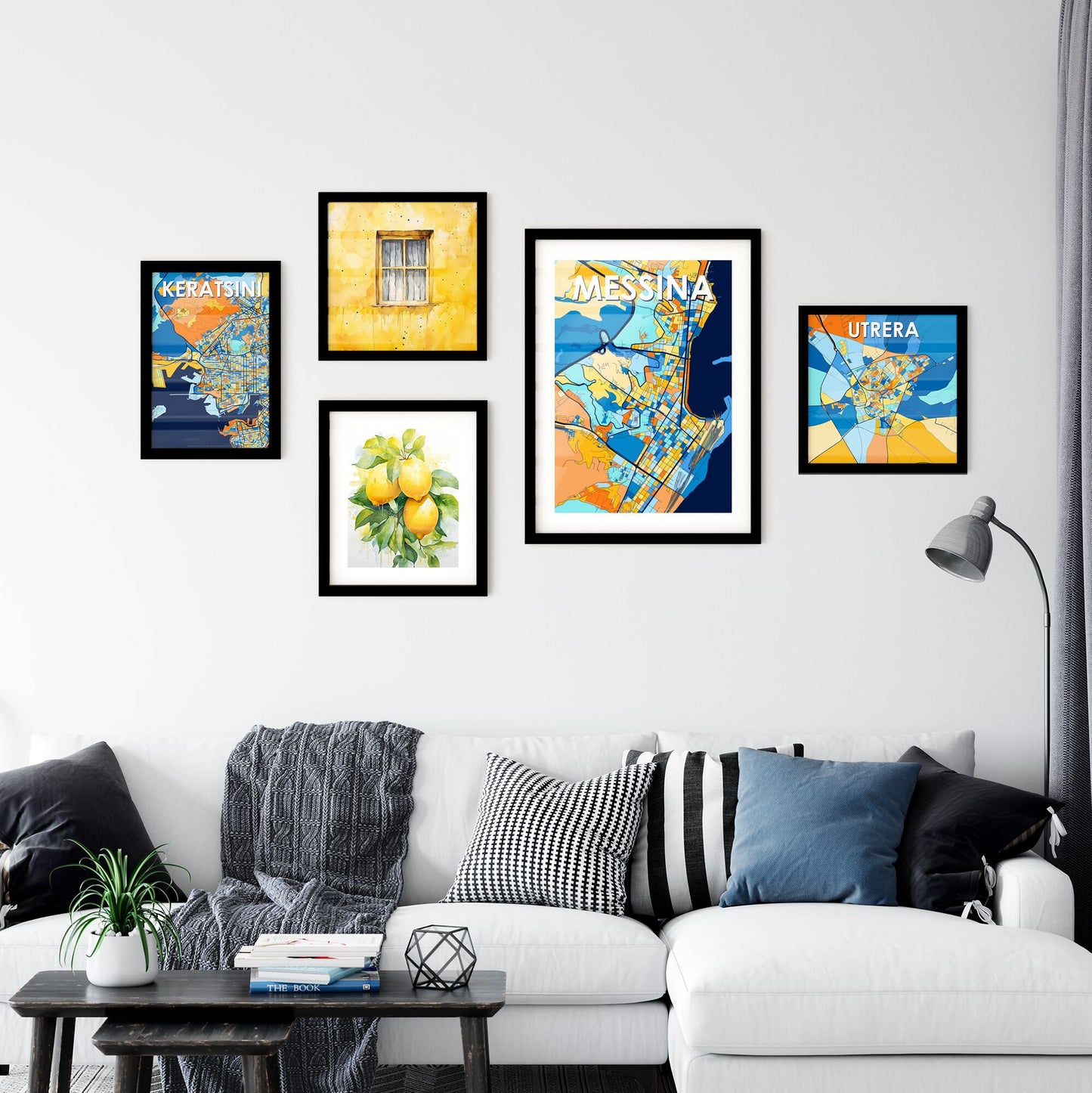 MESSINA ITALY Vibrant Colorful Art Map Poster Blue Orange