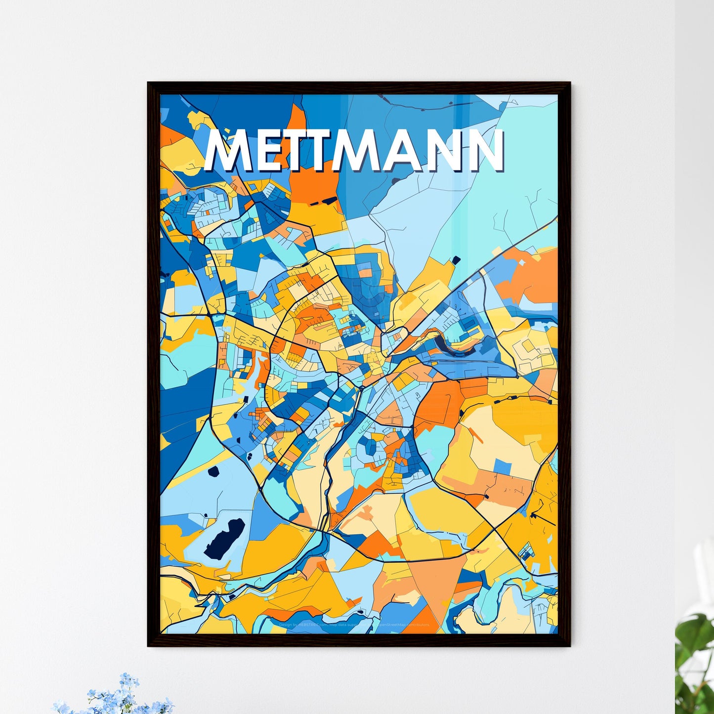 METTMANN GERMANY Vibrant Colorful Art Map Poster Blue Orange