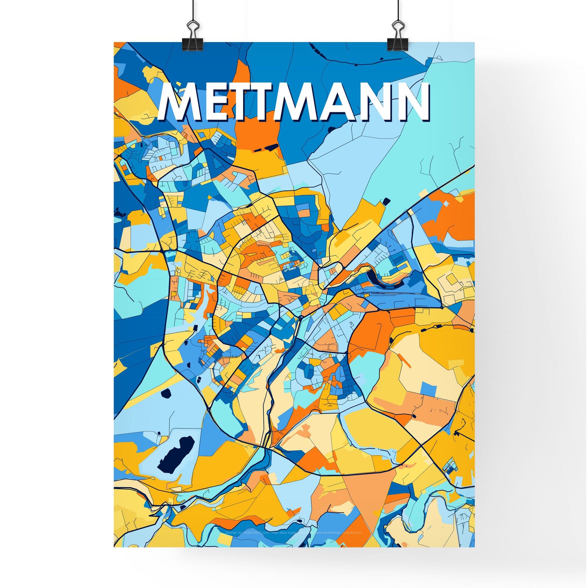 METTMANN GERMANY Vibrant Colorful Art Map Poster Blue Orange