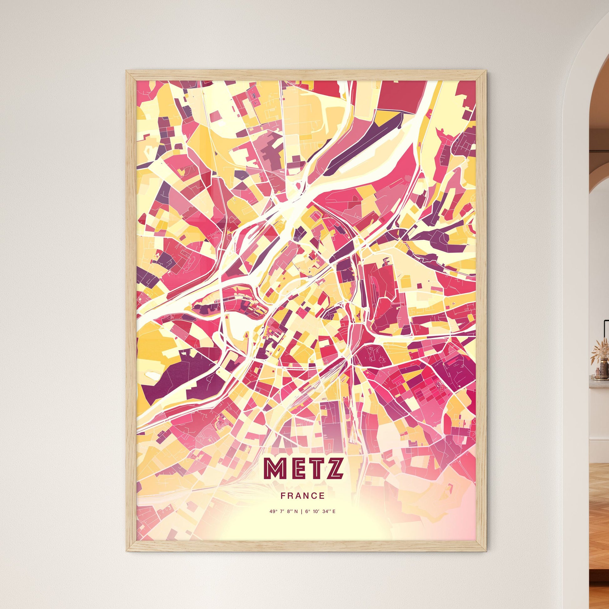 Colorful Metz France Fine Art Map Hot Red
