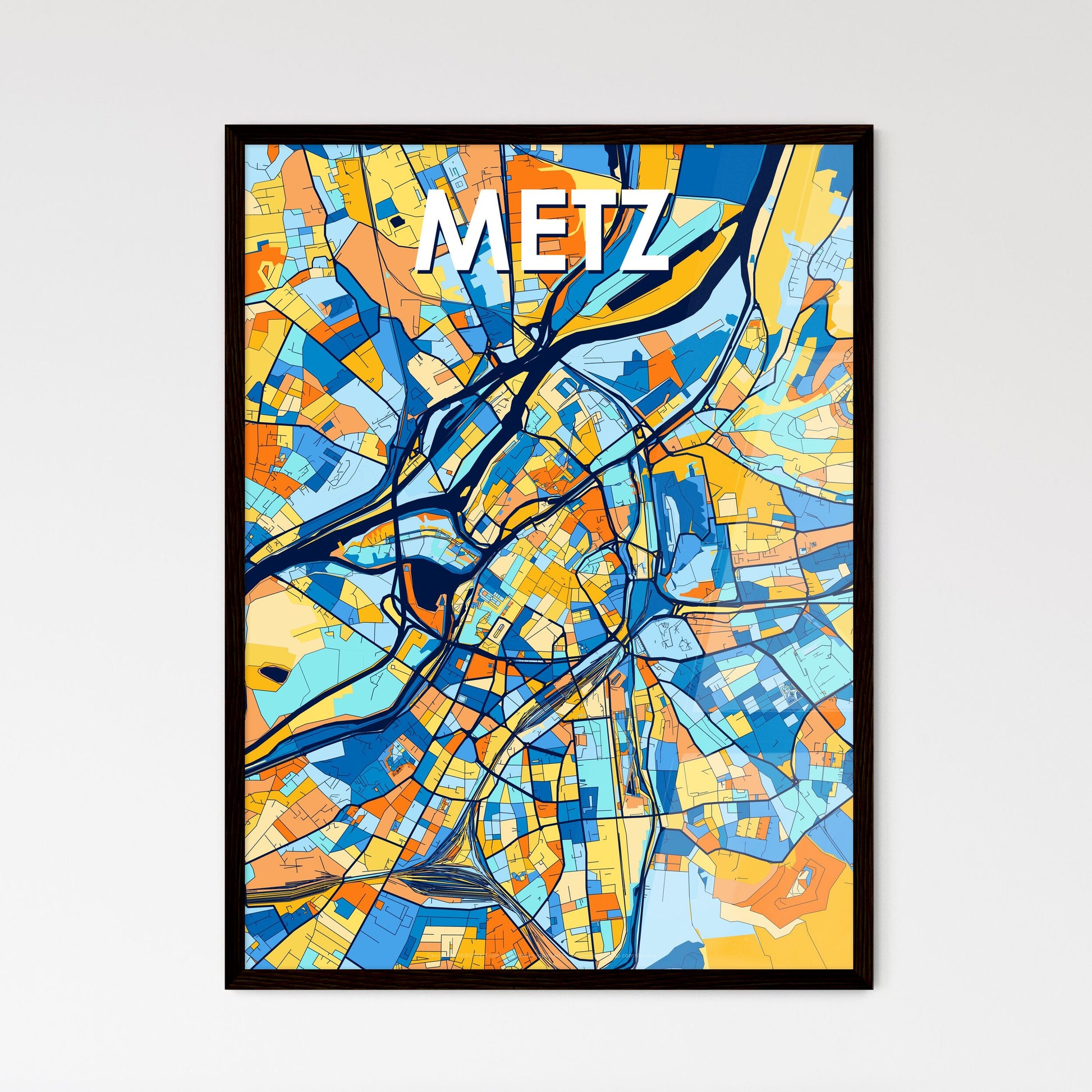 METZ FRANCE Vibrant Colorful Art Map Poster Blue Orange