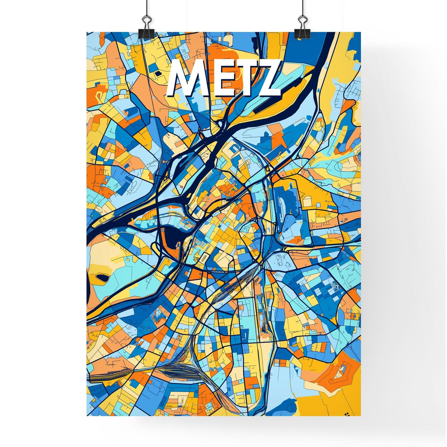 METZ FRANCE Vibrant Colorful Art Map Poster Blue Orange