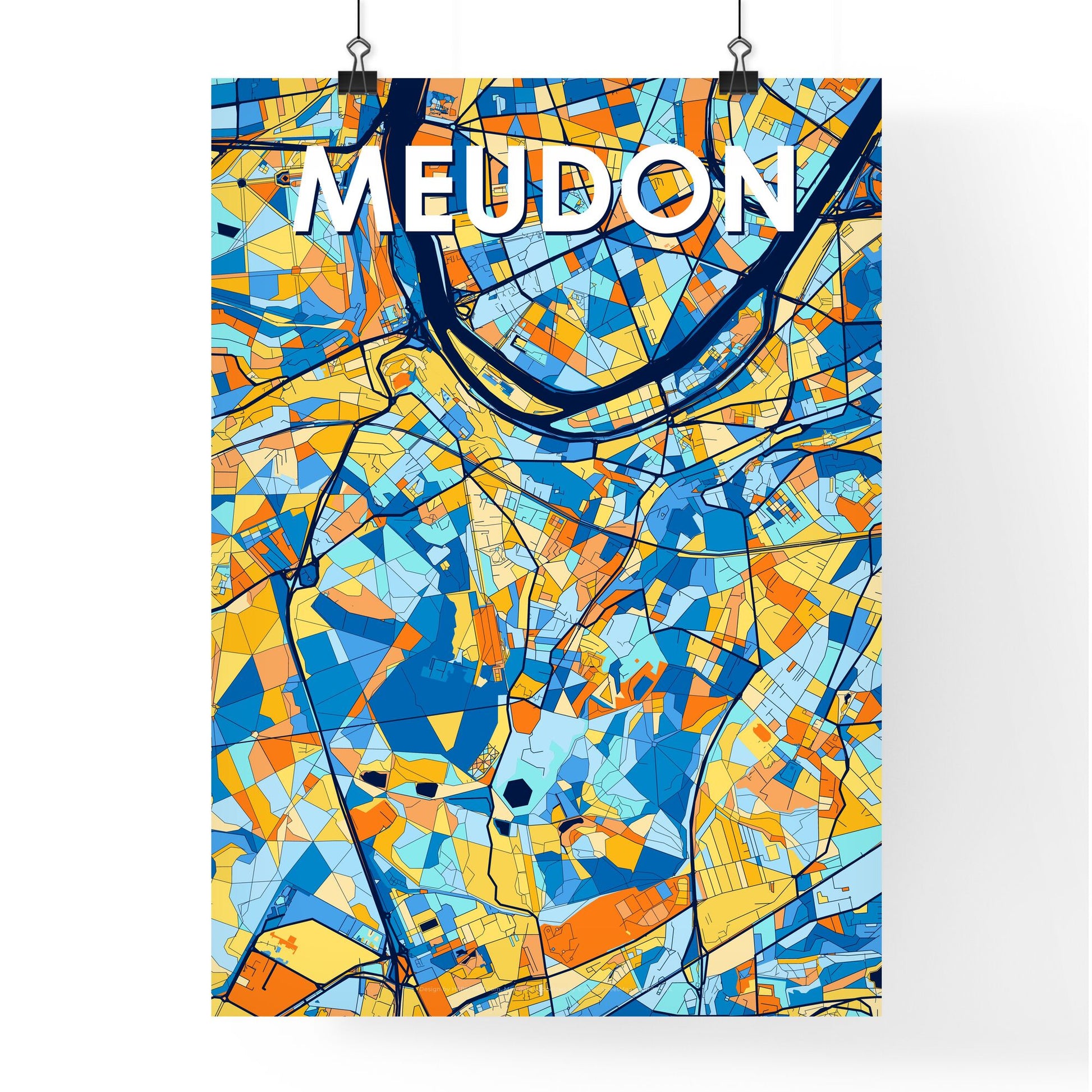 MEUDON FRANCE Vibrant Colorful Art Map Poster Blue Orange