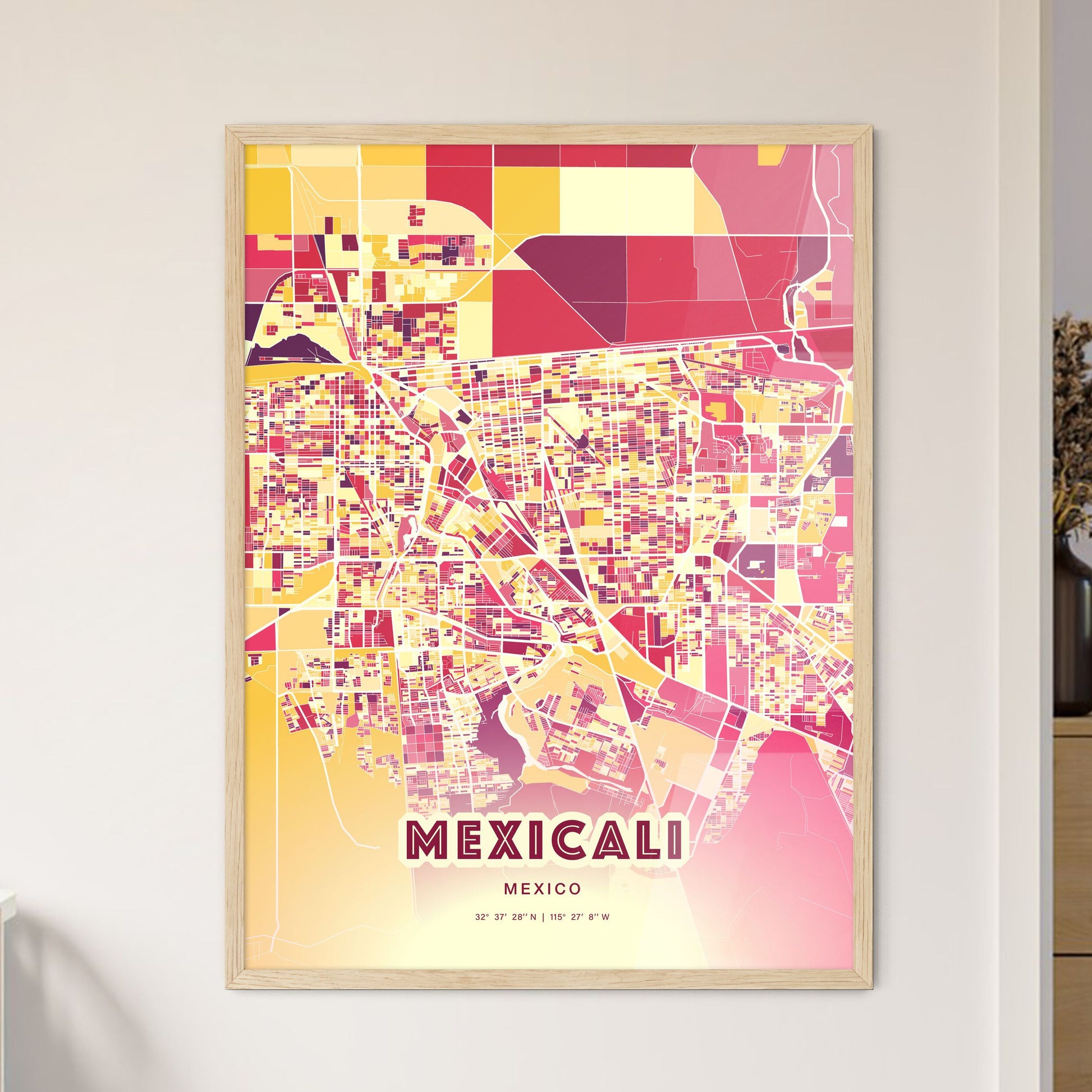 Colorful Mexicali Mexico Fine Art Map Hot Red