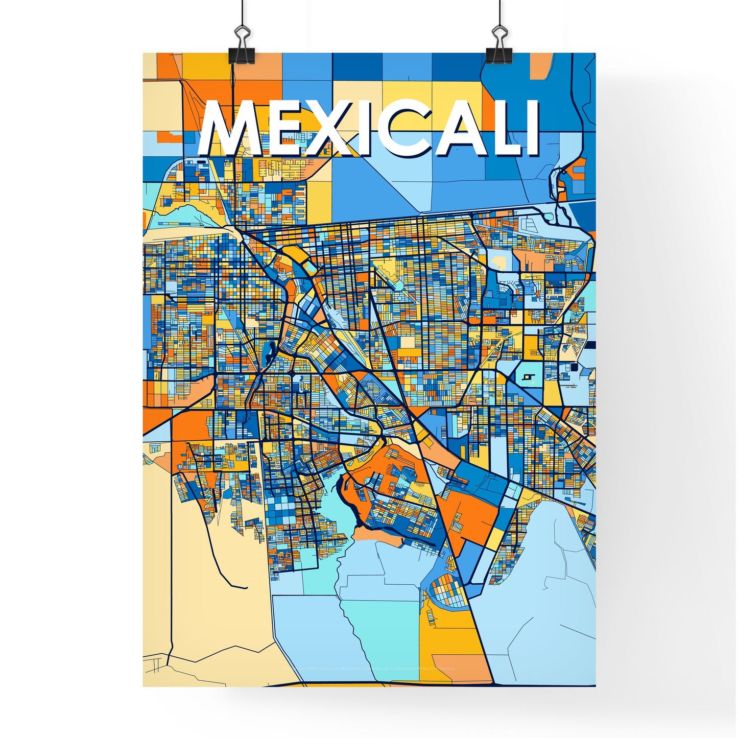 MEXICALI MEXICO Vibrant Colorful Art Map Poster Blue Orange