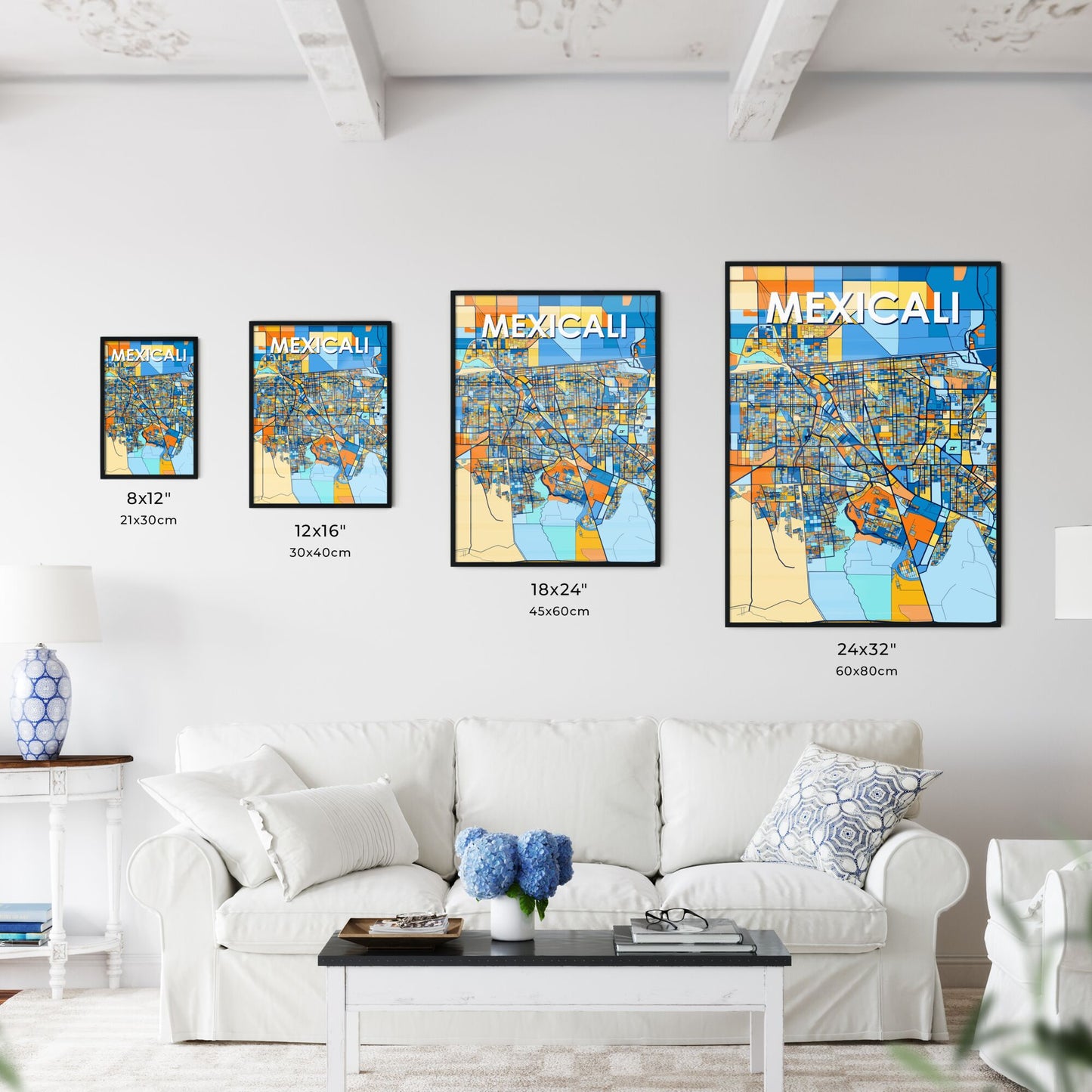 MEXICALI MEXICO Vibrant Colorful Art Map Poster Blue Orange