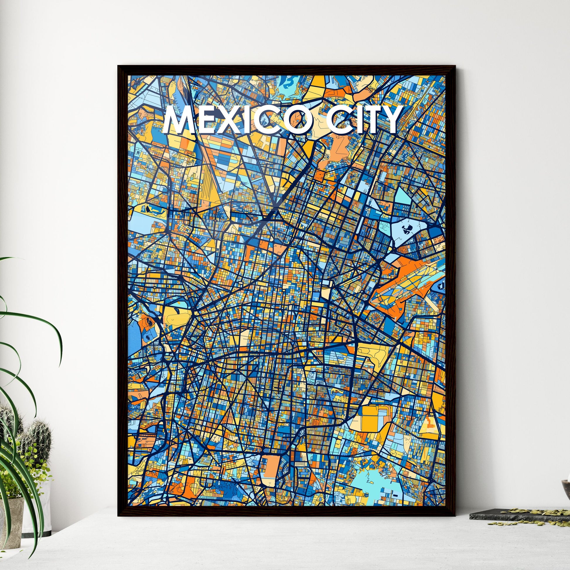 MEXICO CITY MEXICO Vibrant Colorful Art Map Poster Blue Orange