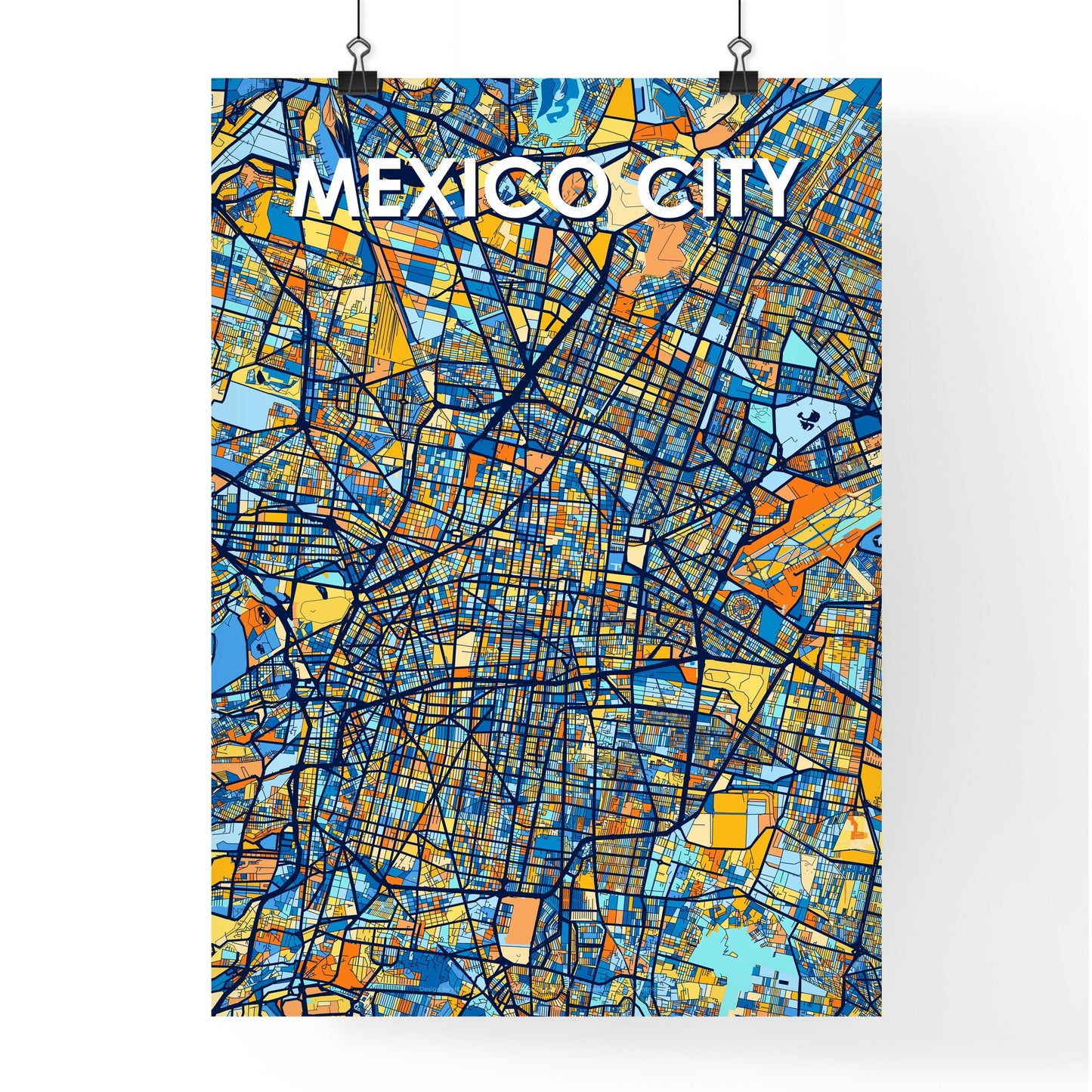 MEXICO CITY MEXICO Vibrant Colorful Art Map Poster Blue Orange