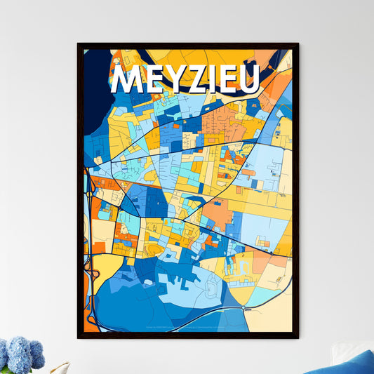 MEYZIEU FRANCE Vibrant Colorful Art Map Poster Blue Orange