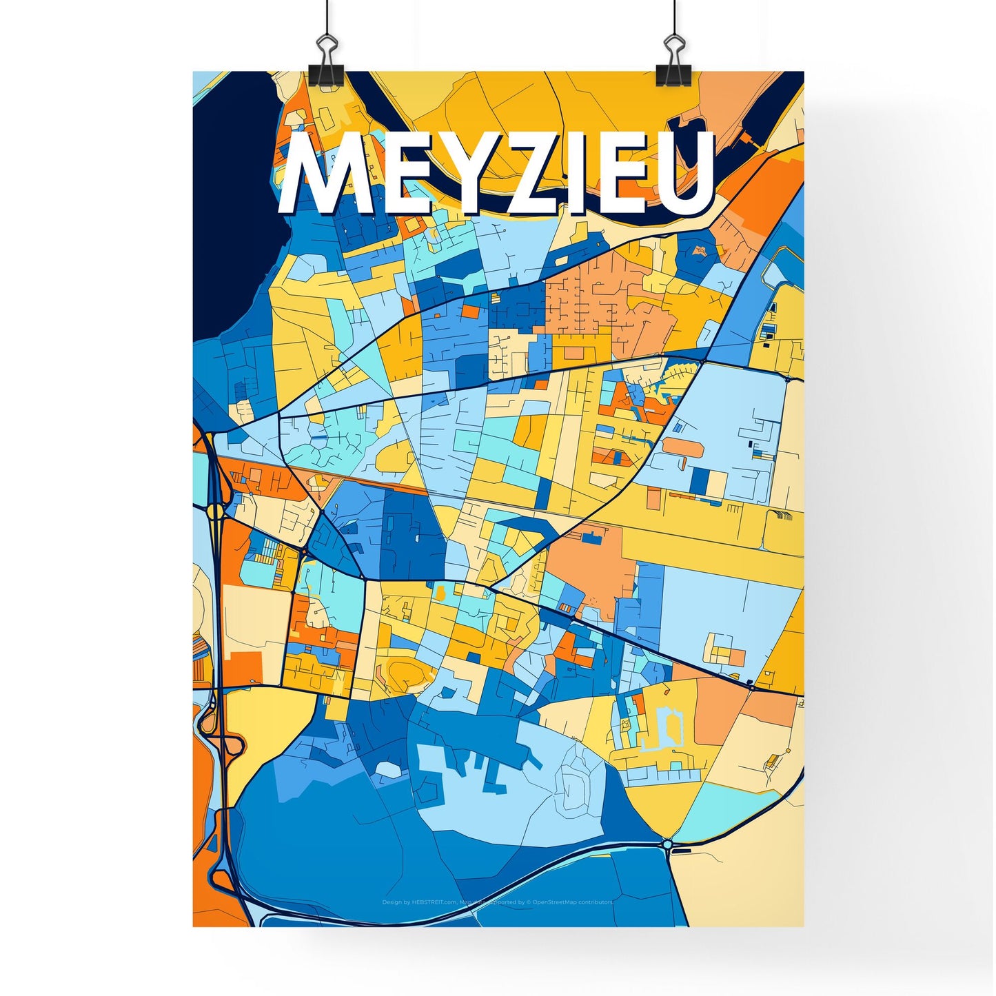 MEYZIEU FRANCE Vibrant Colorful Art Map Poster Blue Orange