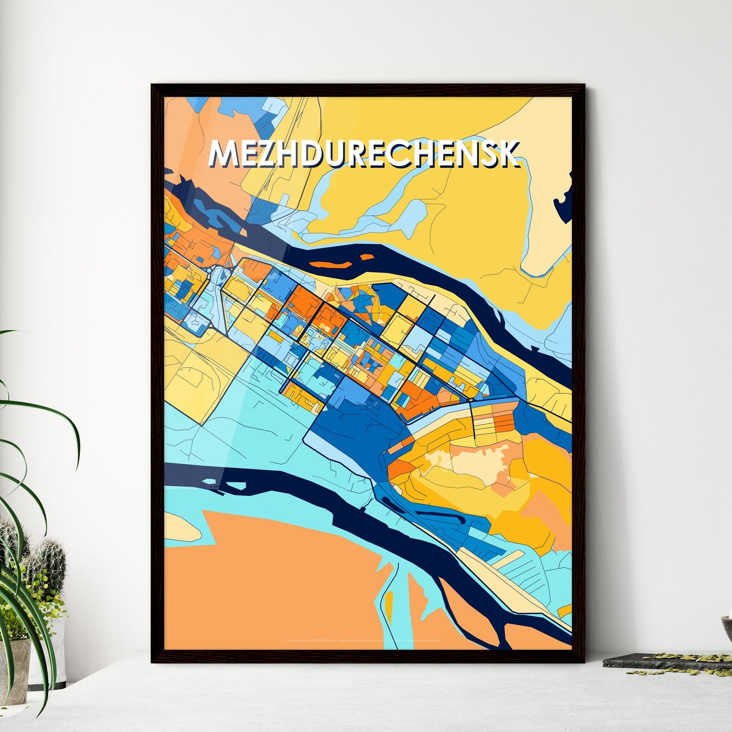 MEZHDURECHENSK RUSSIA Vibrant Colorful Art Map Poster Blue Orange