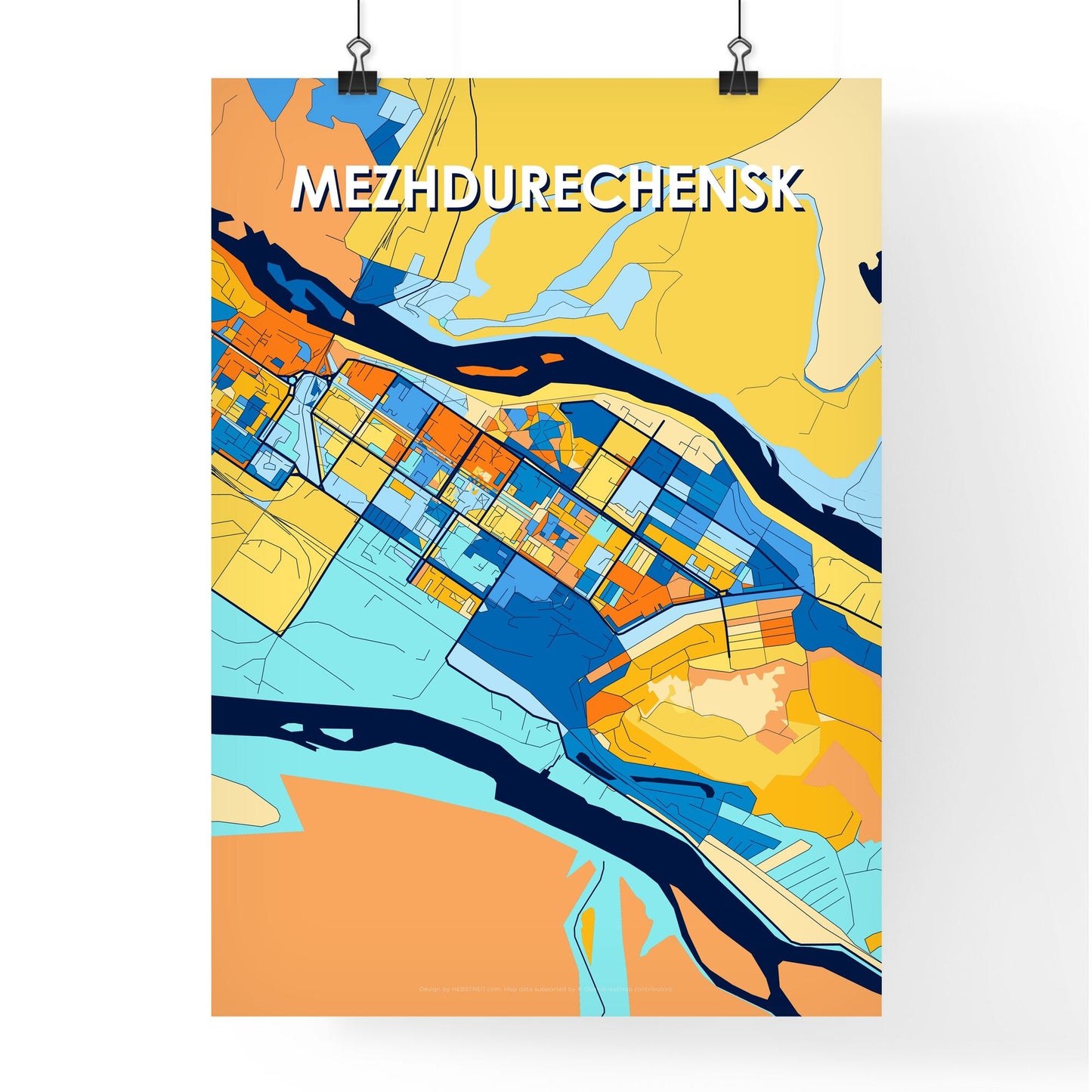 MEZHDURECHENSK RUSSIA Vibrant Colorful Art Map Poster Blue Orange