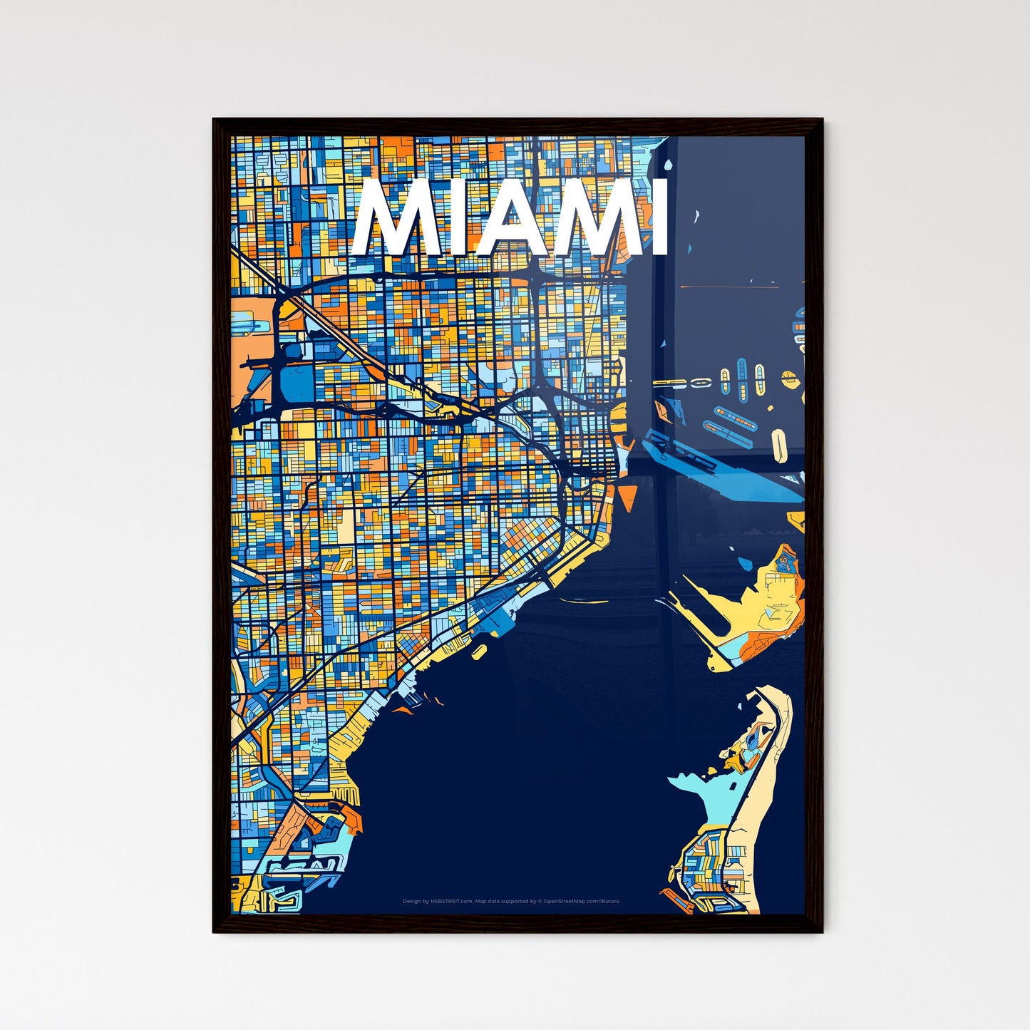 MIAMI FLORIDA Vibrant Colorful Art Map Poster Blue Orange