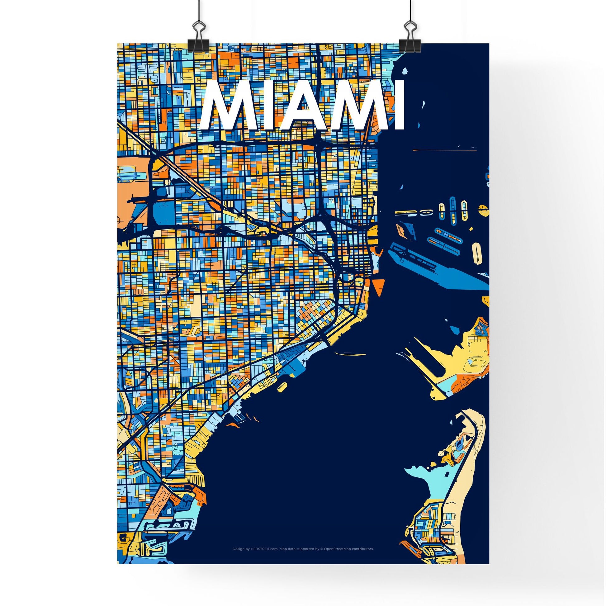 MIAMI FLORIDA Vibrant Colorful Art Map Poster Blue Orange