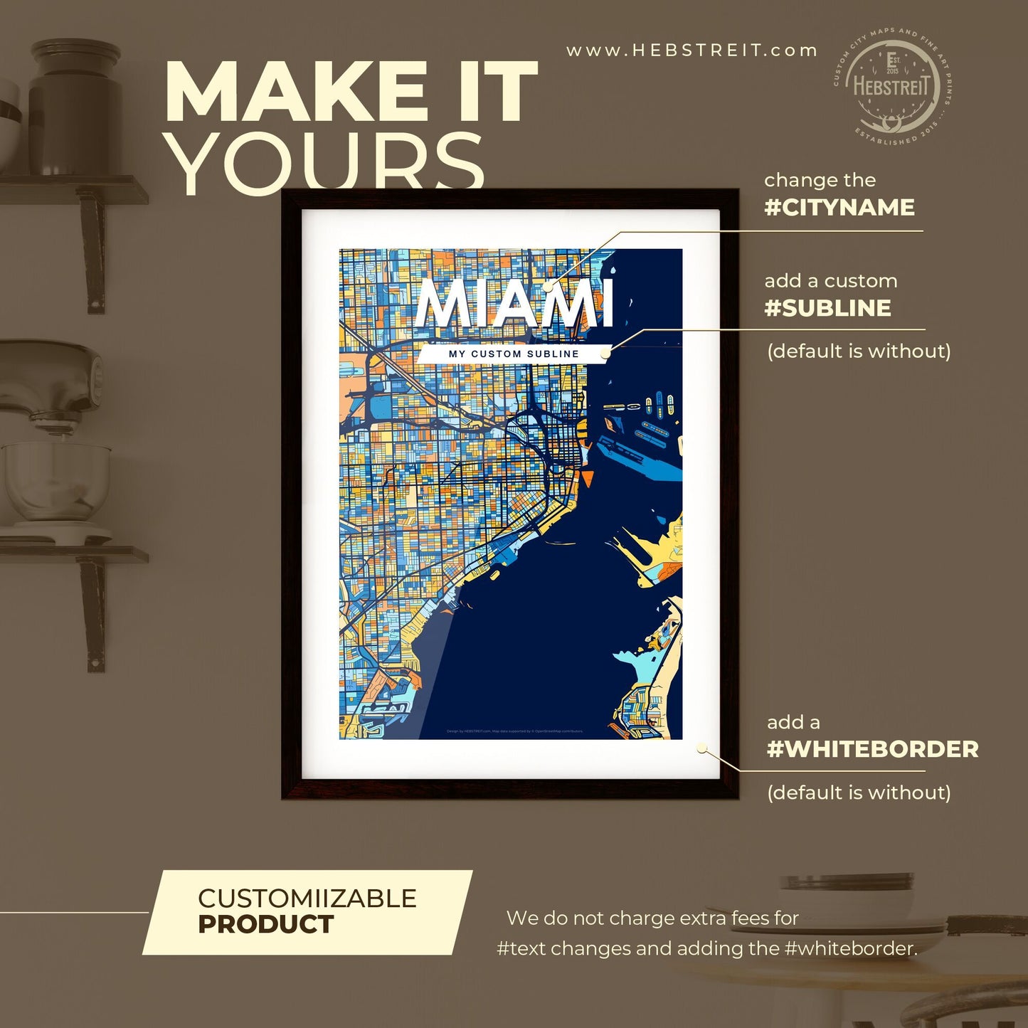 MIAMI FLORIDA Vibrant Colorful Art Map Poster Blue Orange