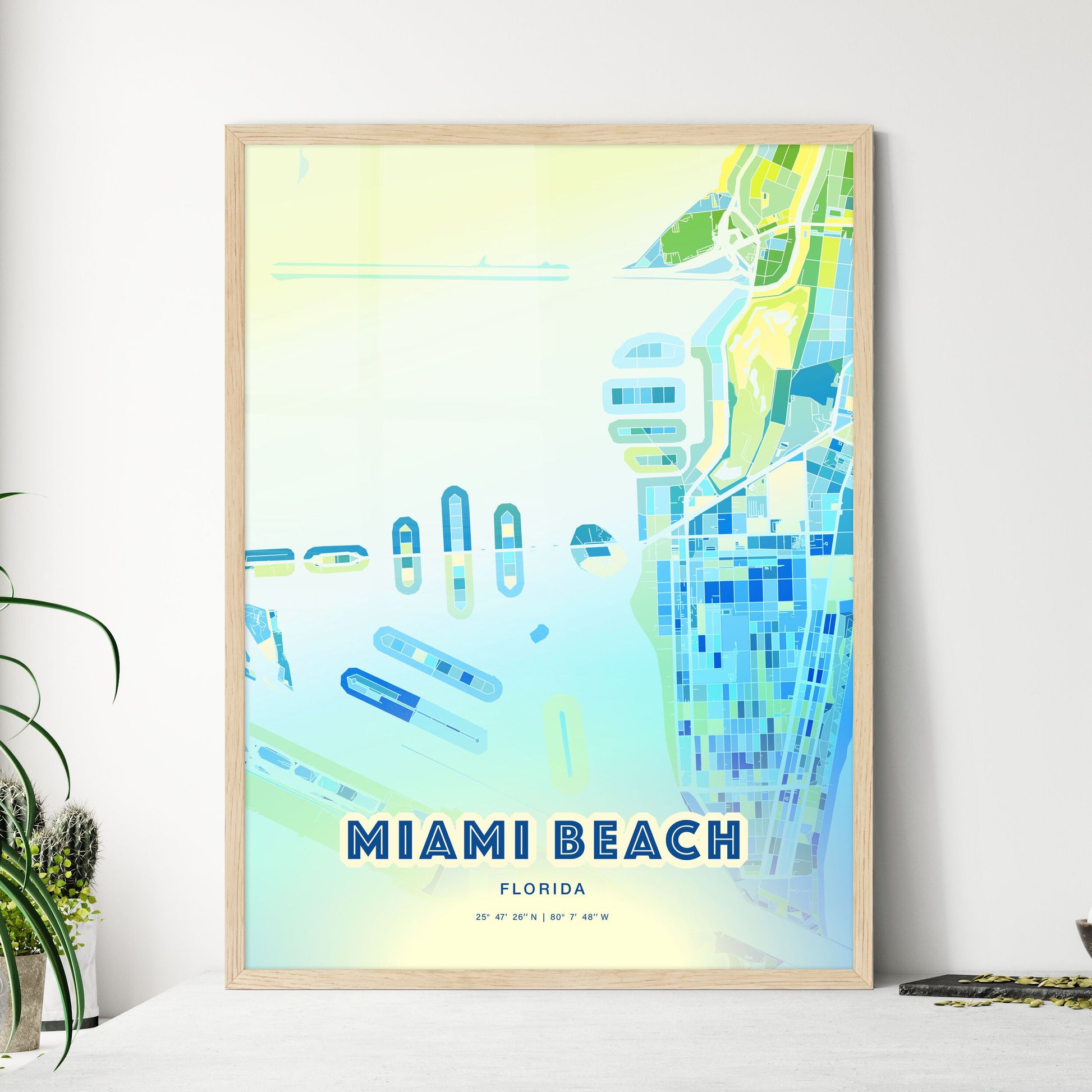 Colorful Miami Beach Florida Fine Art Map Cool Blue