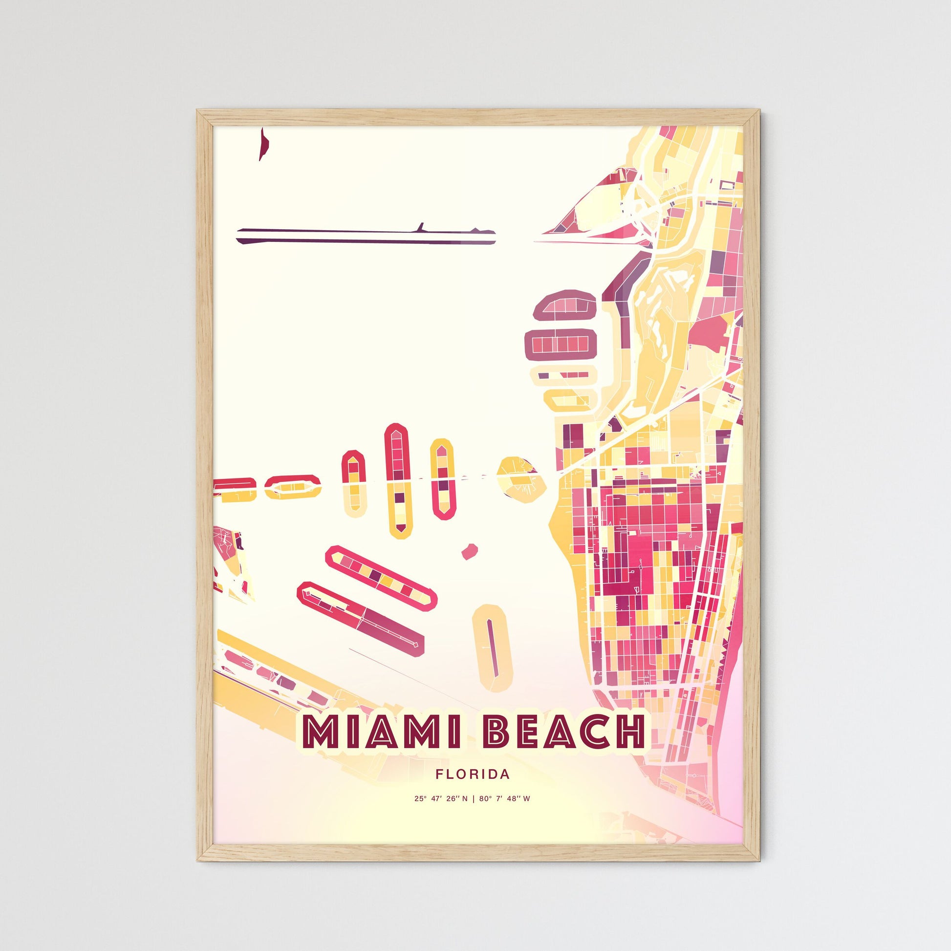 Colorful Miami Beach Florida Fine Art Map Hot Red