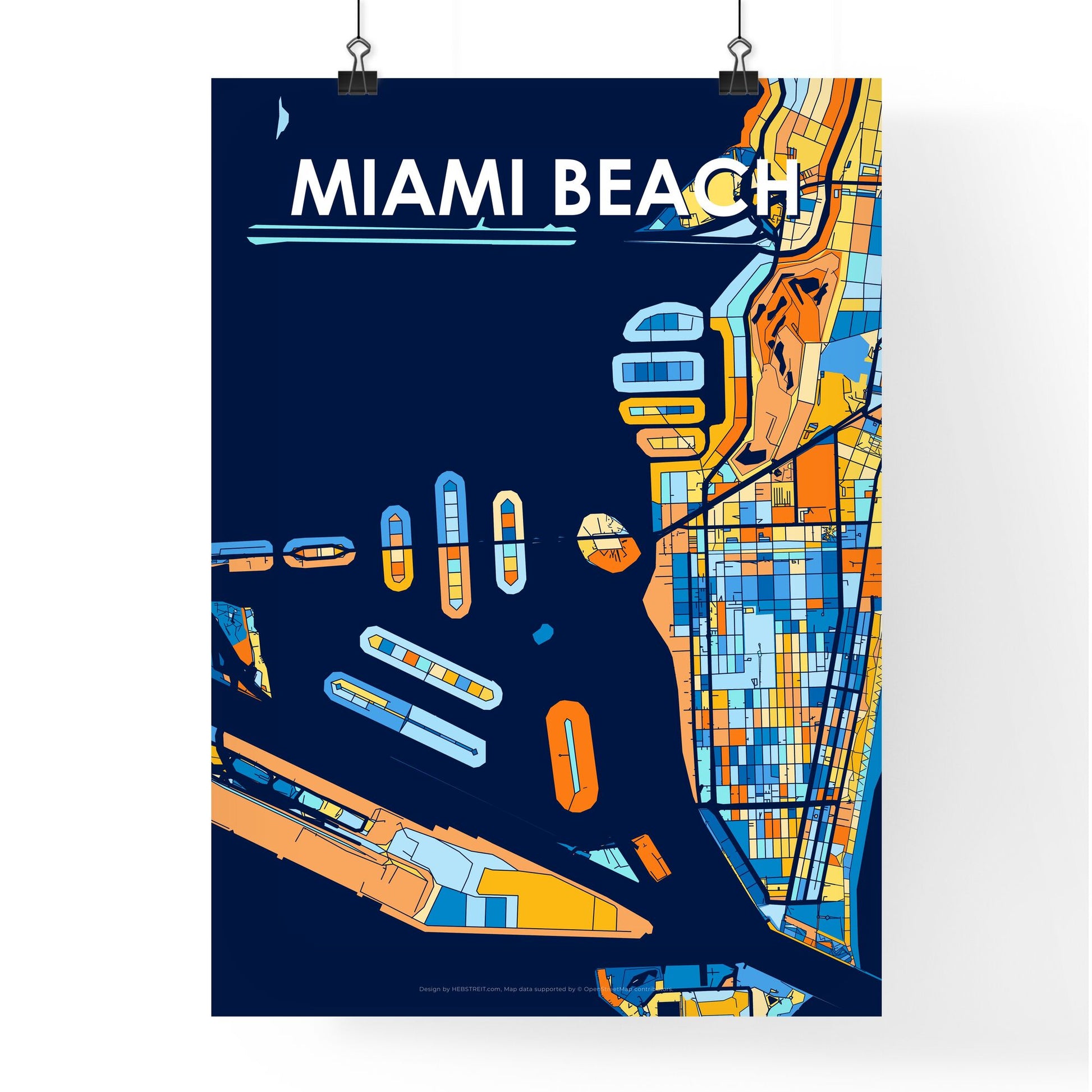 MIAMI BEACH FLORIDA Vibrant Colorful Art Map Poster Blue Orange