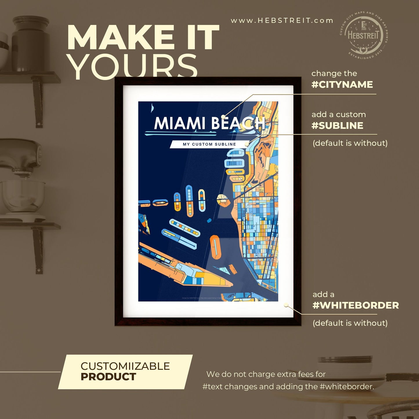 MIAMI BEACH FLORIDA Vibrant Colorful Art Map Poster Blue Orange