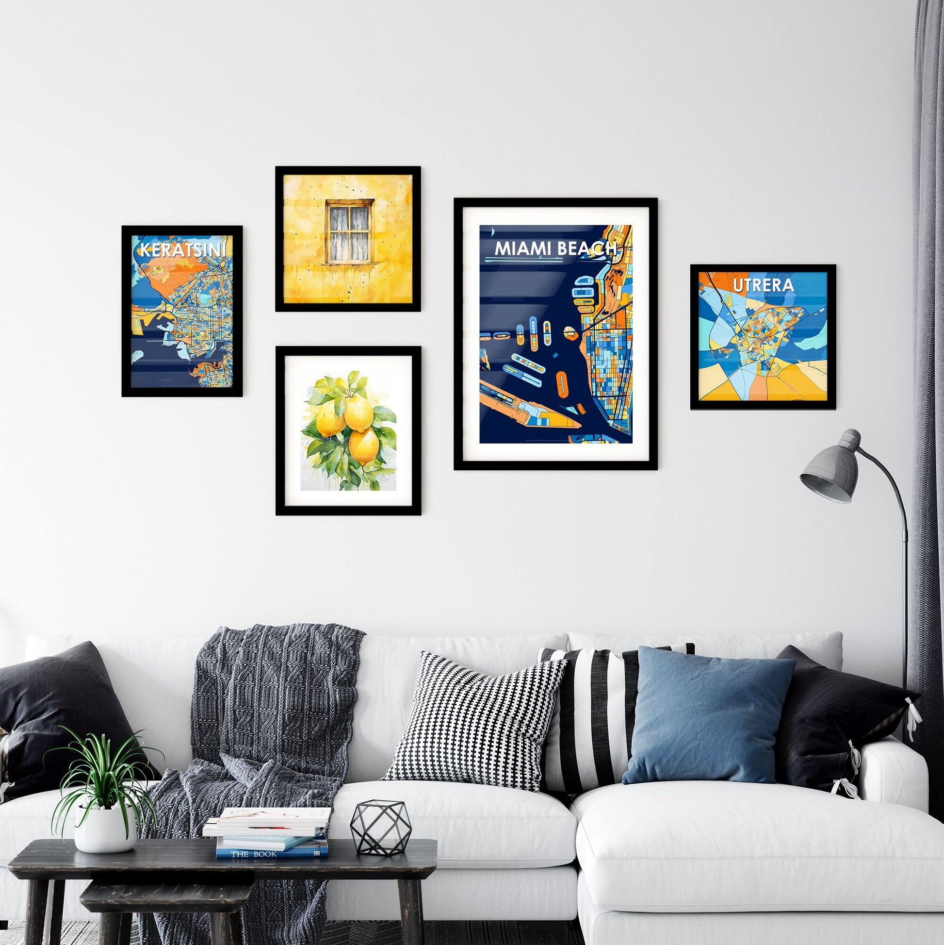 MIAMI BEACH FLORIDA Vibrant Colorful Art Map Poster Blue Orange