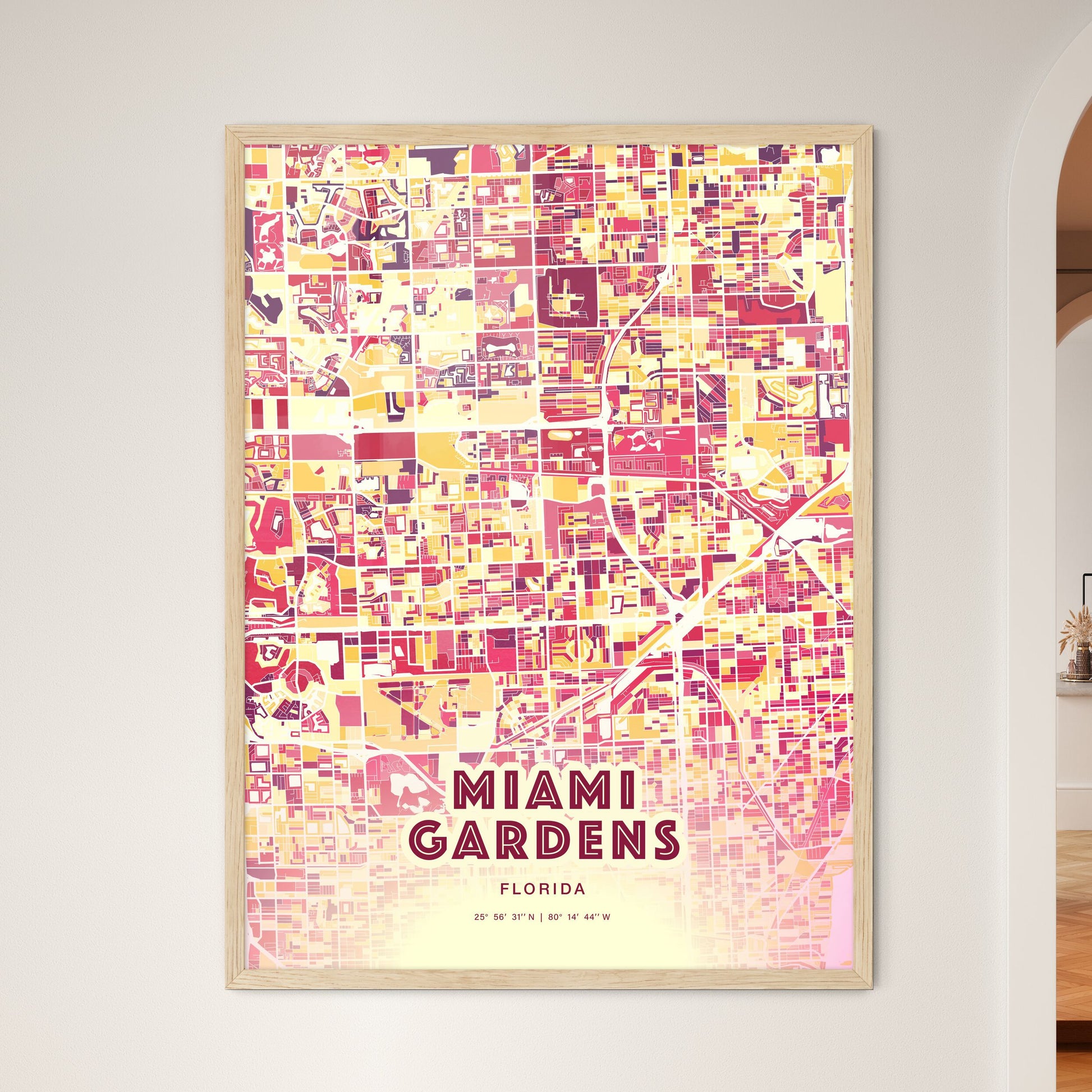 Colorful Miami Gardens Florida Fine Art Map Hot Red