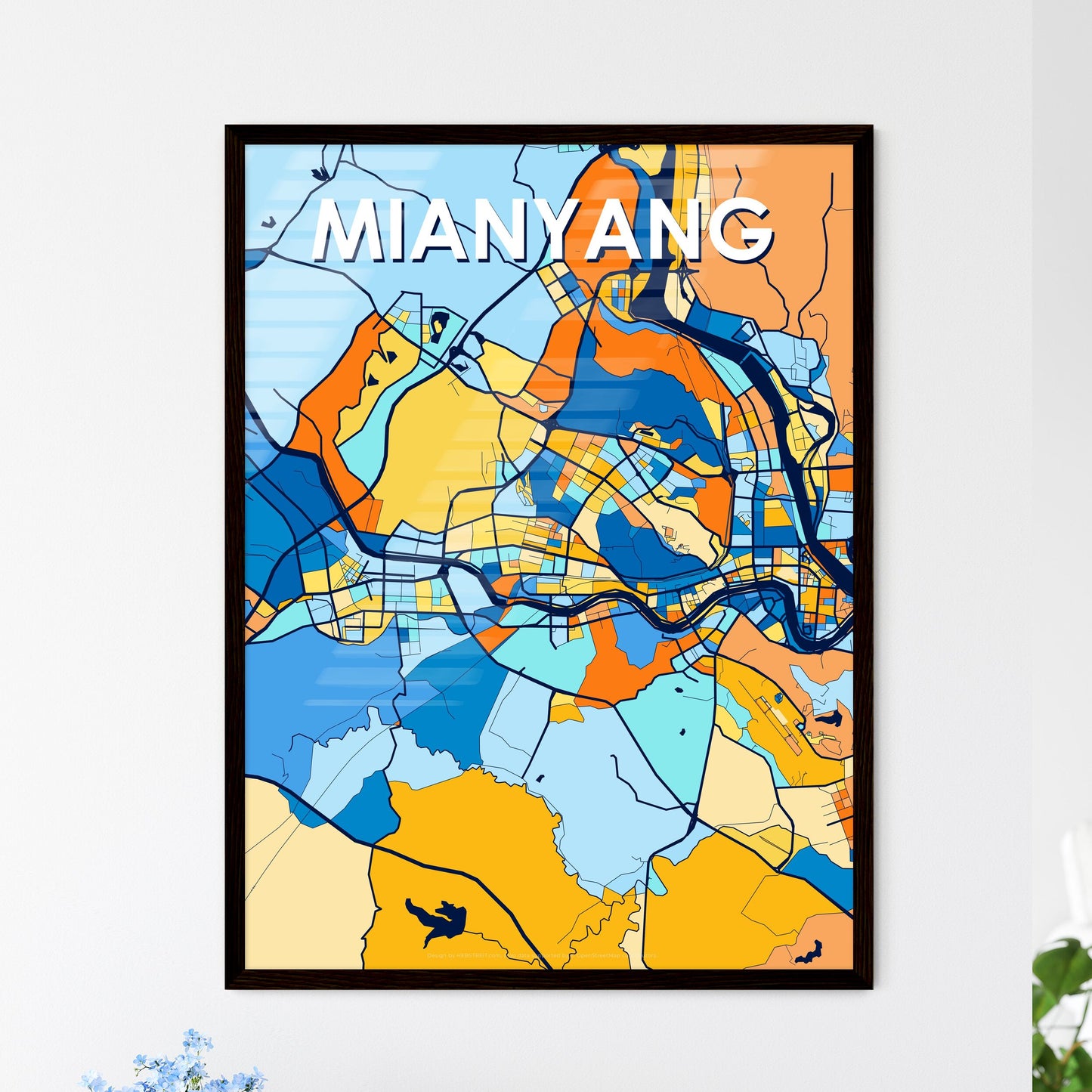 MIANYANG CHINA Vibrant Colorful Art Map Poster Blue Orange