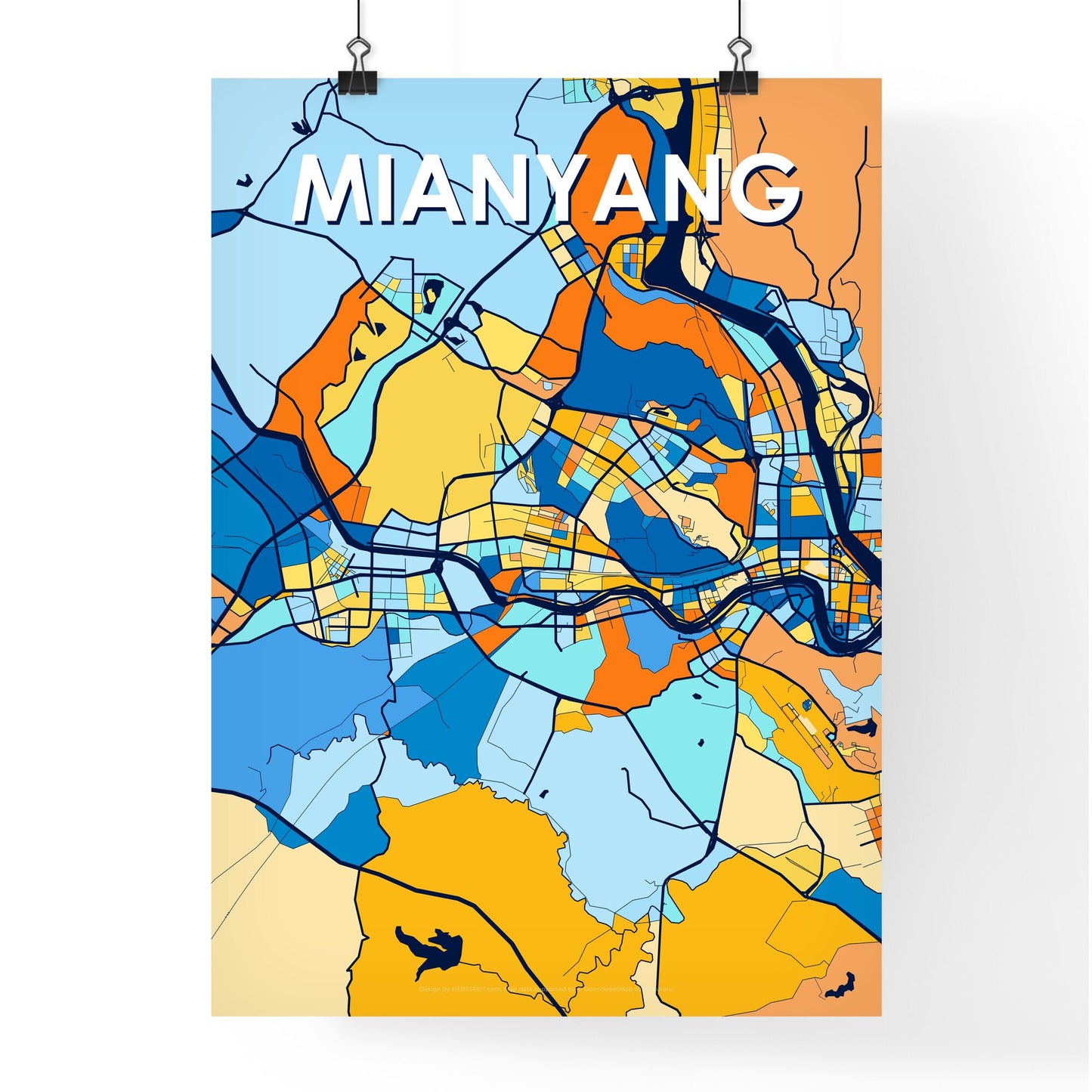 MIANYANG CHINA Vibrant Colorful Art Map Poster Blue Orange