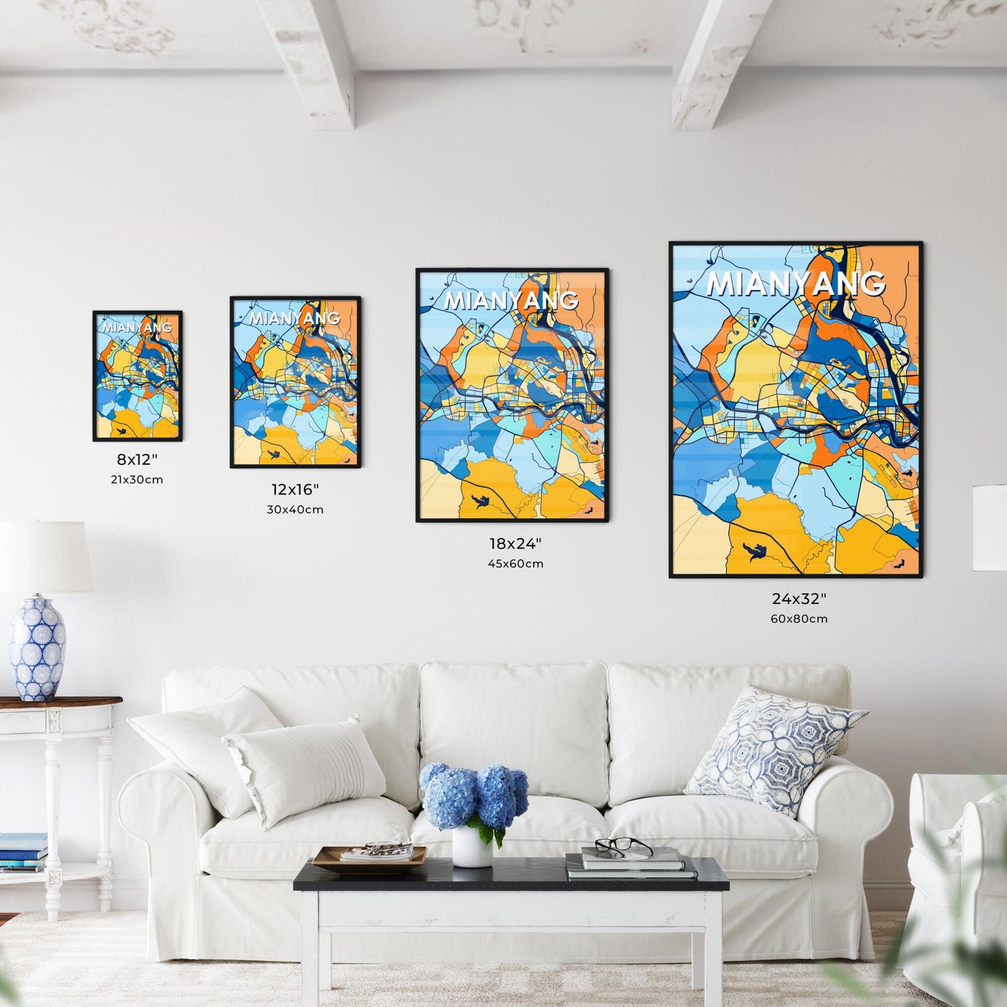 MIANYANG CHINA Vibrant Colorful Art Map Poster Blue Orange