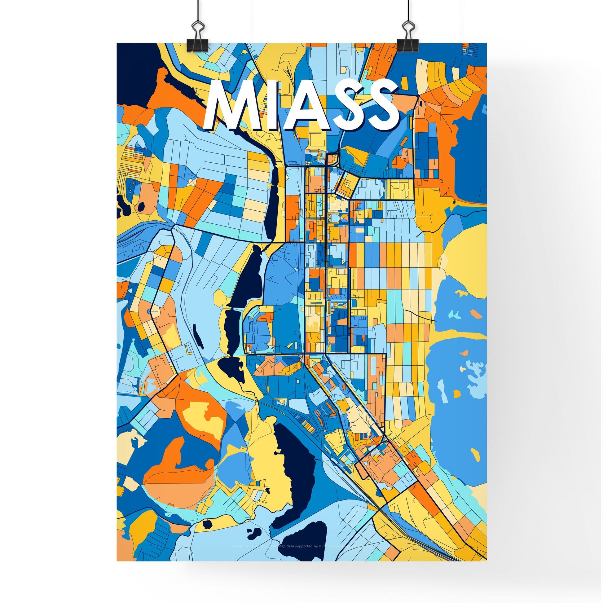 MIASS RUSSIA Vibrant Colorful Art Map Poster Blue Orange