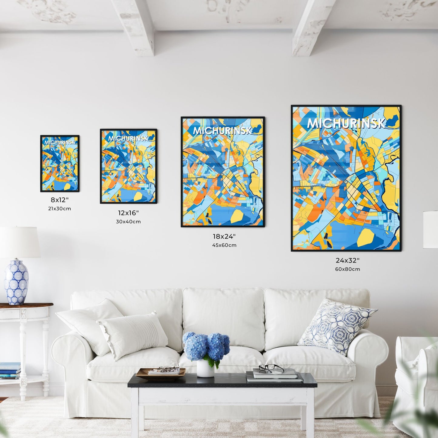 MICHURINSK RUSSIA Vibrant Colorful Art Map Poster Blue Orange