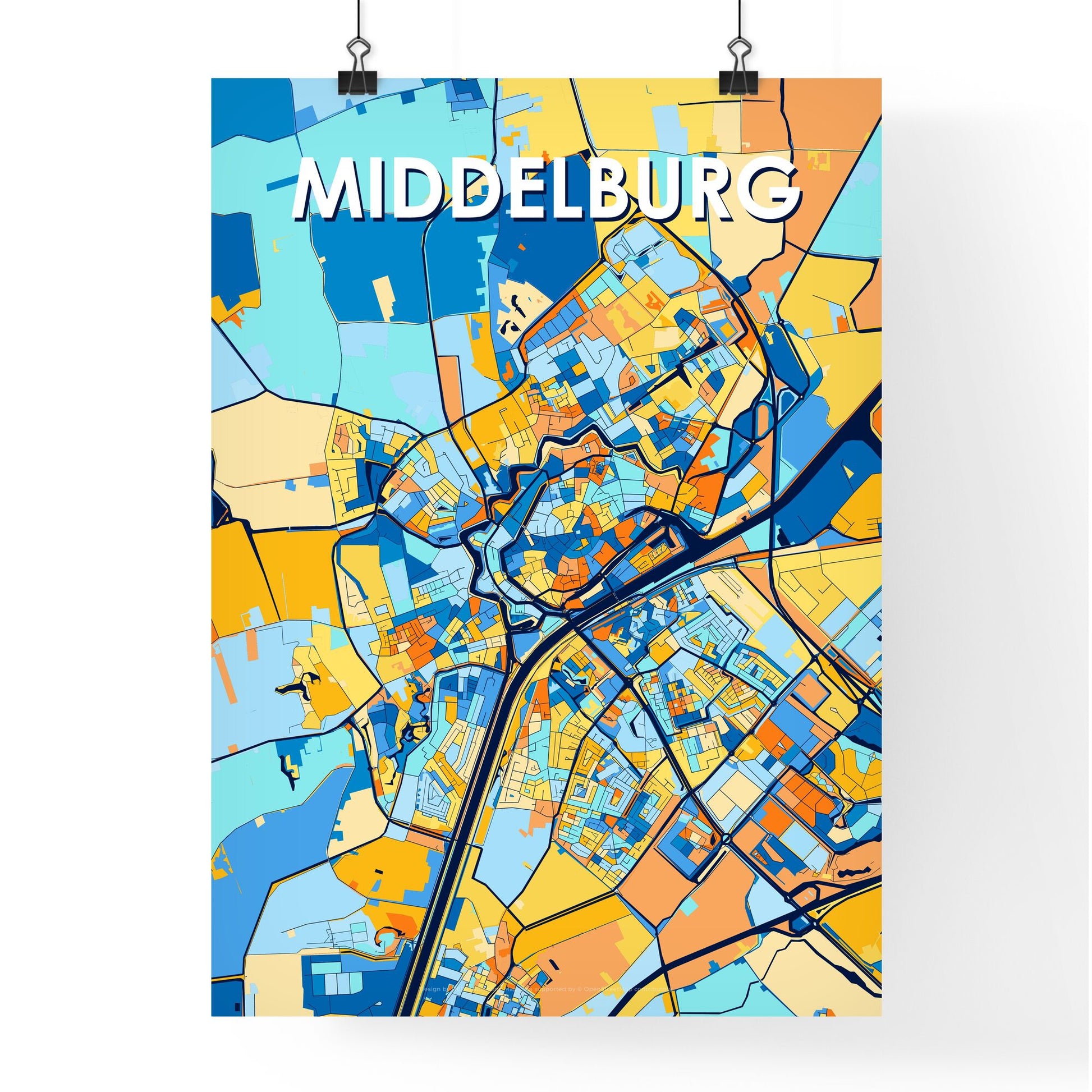 MIDDELBURG NETHERLANDS Vibrant Colorful Art Map Poster Blue Orange