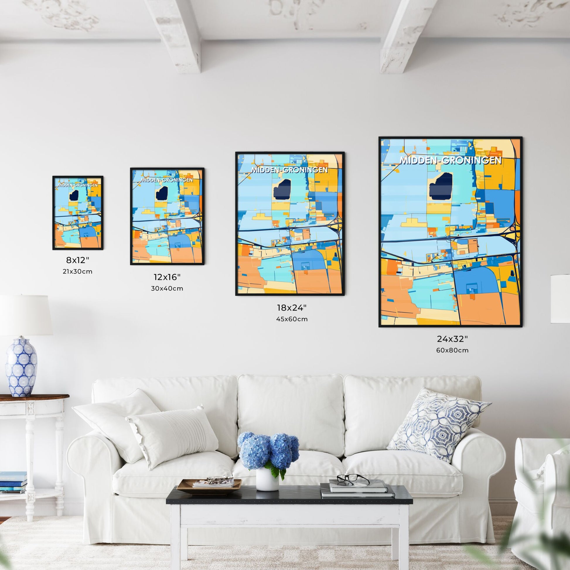 MIDDEN-GRONINGEN NETHERLANDS Vibrant Colorful Art Map Poster Blue Orange