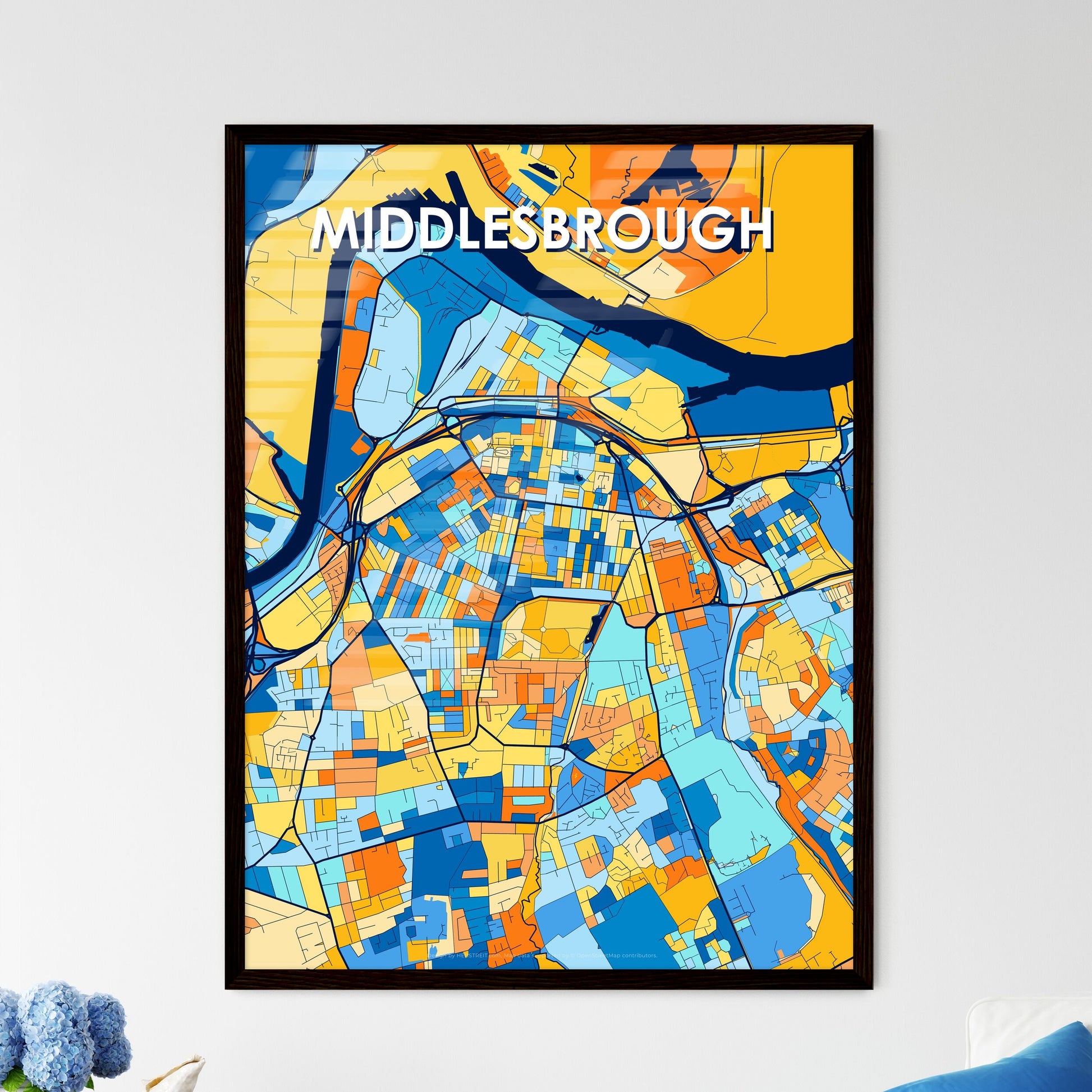 MIDDLESBROUGH ENGLAND Vibrant Colorful Art Map Poster Blue Orange